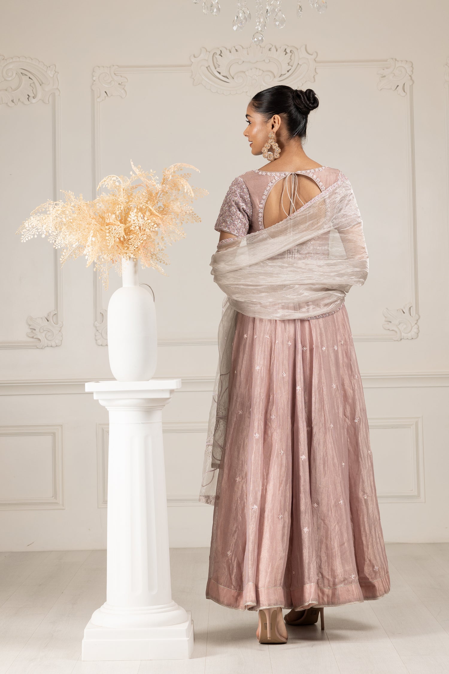 Peach Embroidered Stylised Kalidar Set