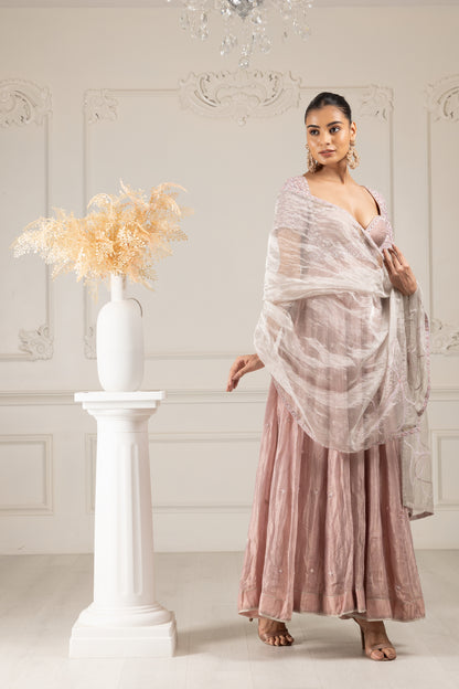 Peach Embroidered Stylised Kalidar Set