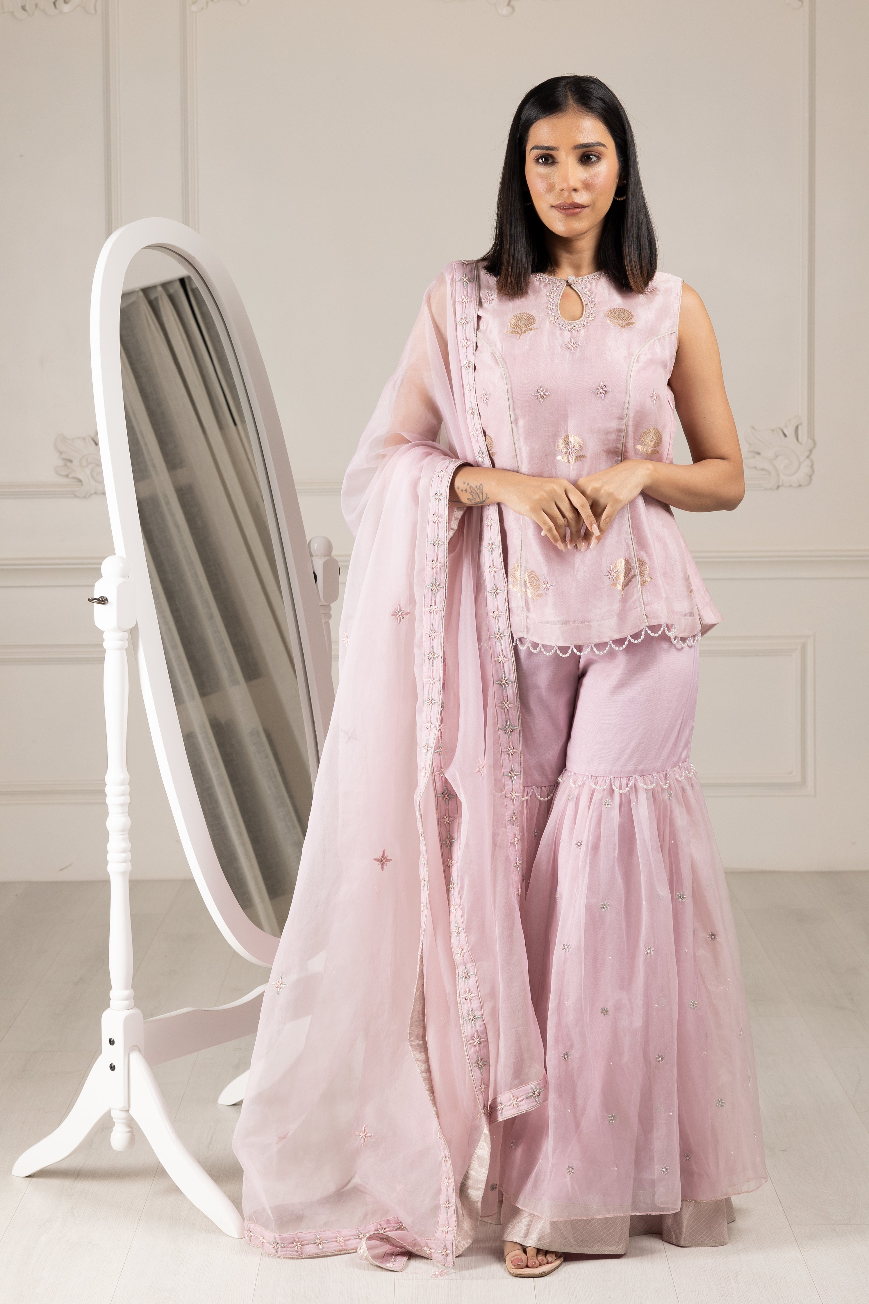 Lilac Embroidered Stylised Kurta Sharara Set