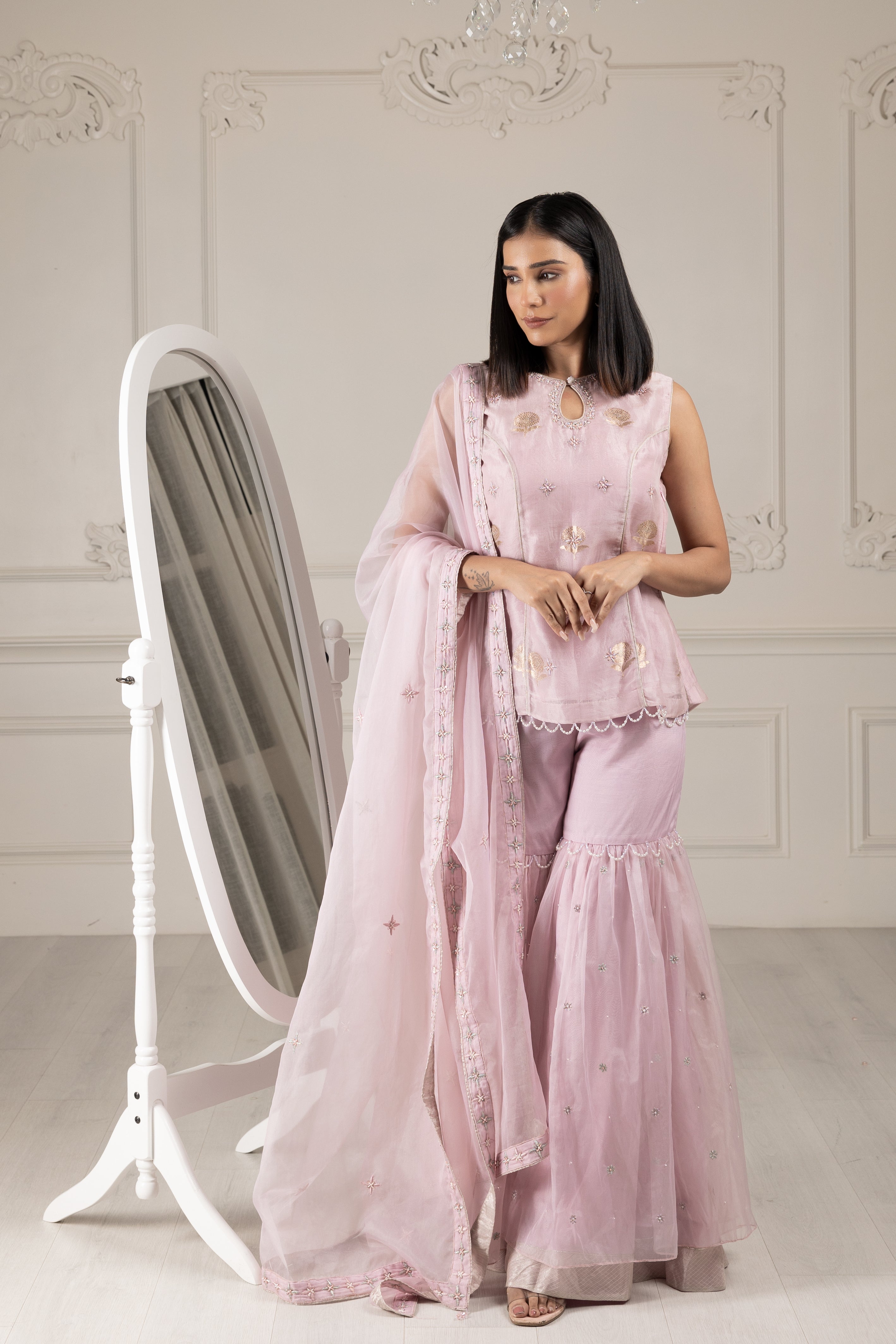 Lilac Embroidered Stylised Kurta Sharara Set