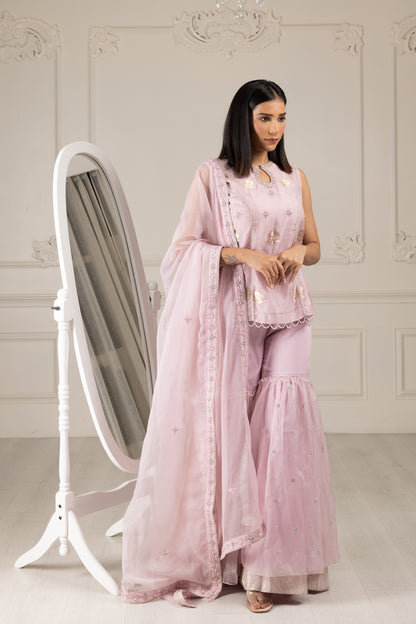 Lilac Embroidered Stylised Kurta Sharara Set