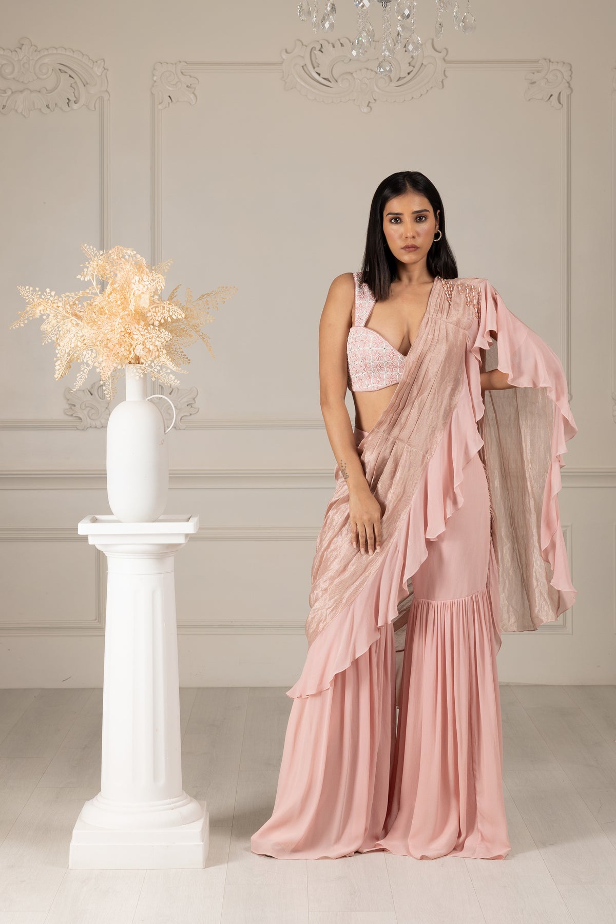 Peach Embroidered Drape Sharara Saree Set