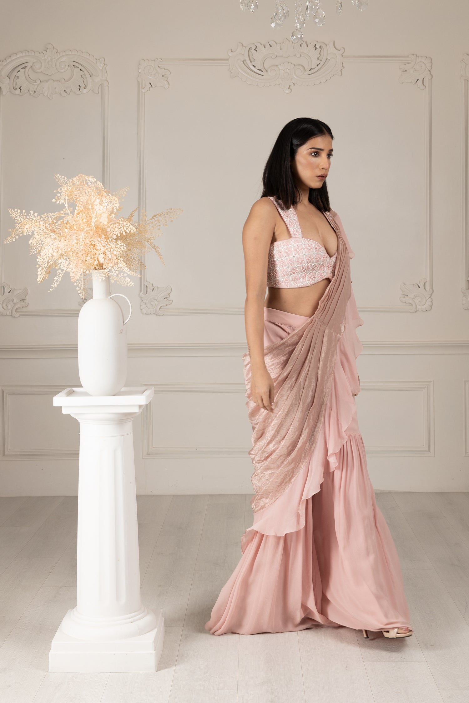 Peach Embroidered Drape Sharara Saree Set