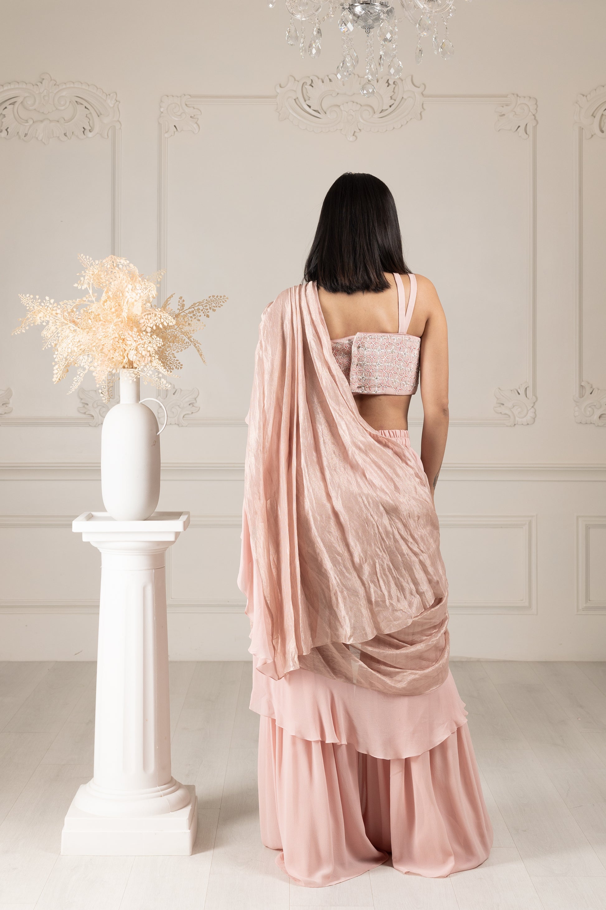 Peach Embroidered Drape Sharara Saree Set