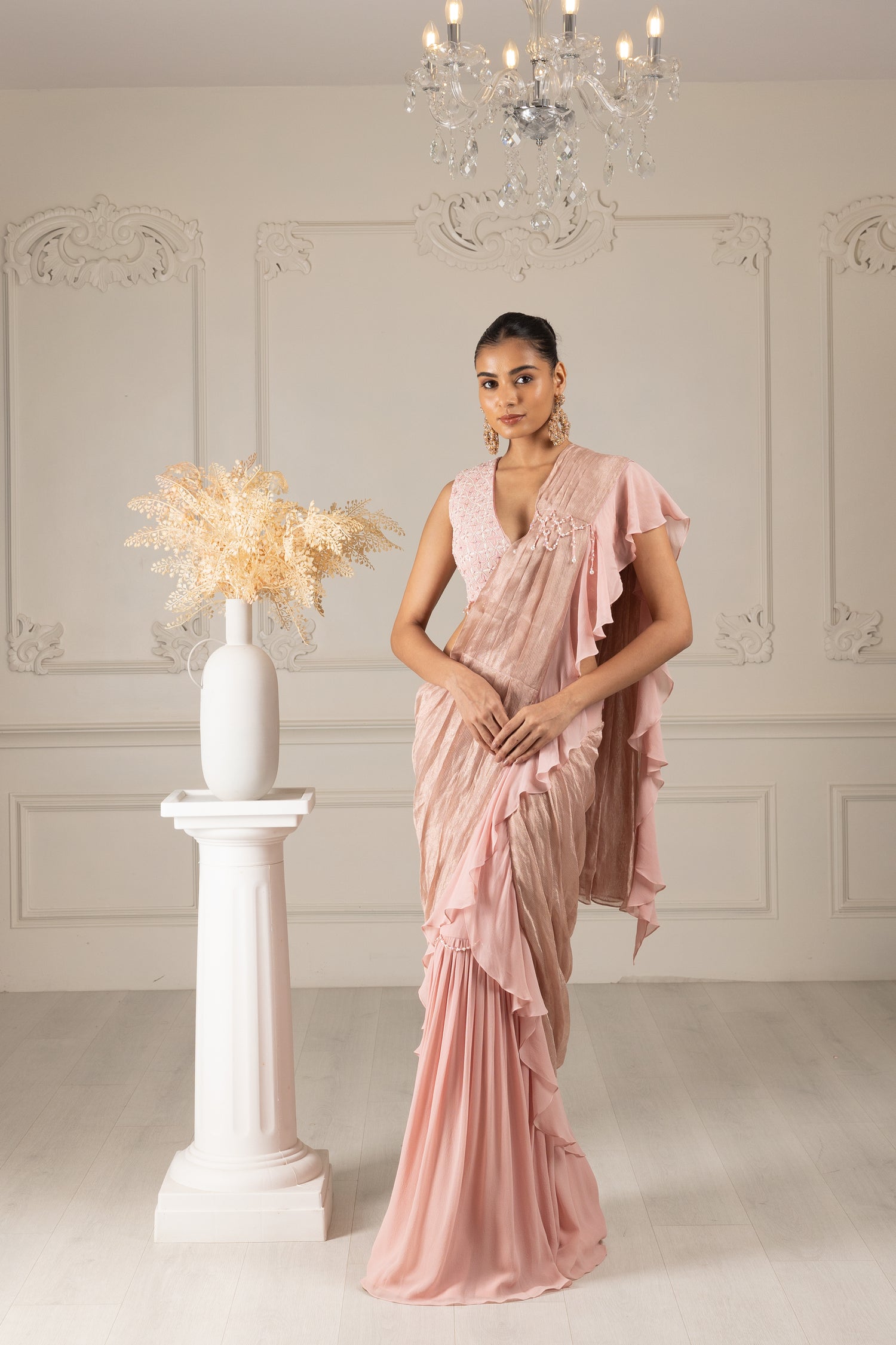 Peach Embroidered  Drape Saree Set