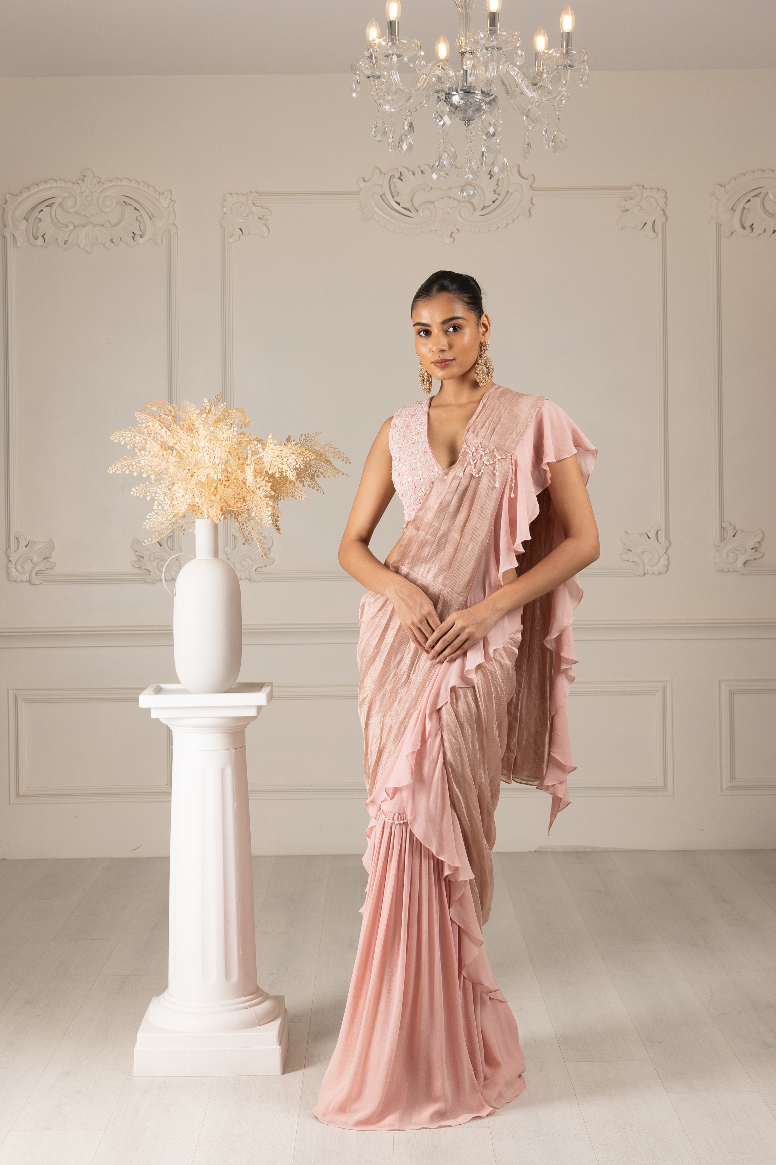 Peach Embroidered  Drape Saree Set