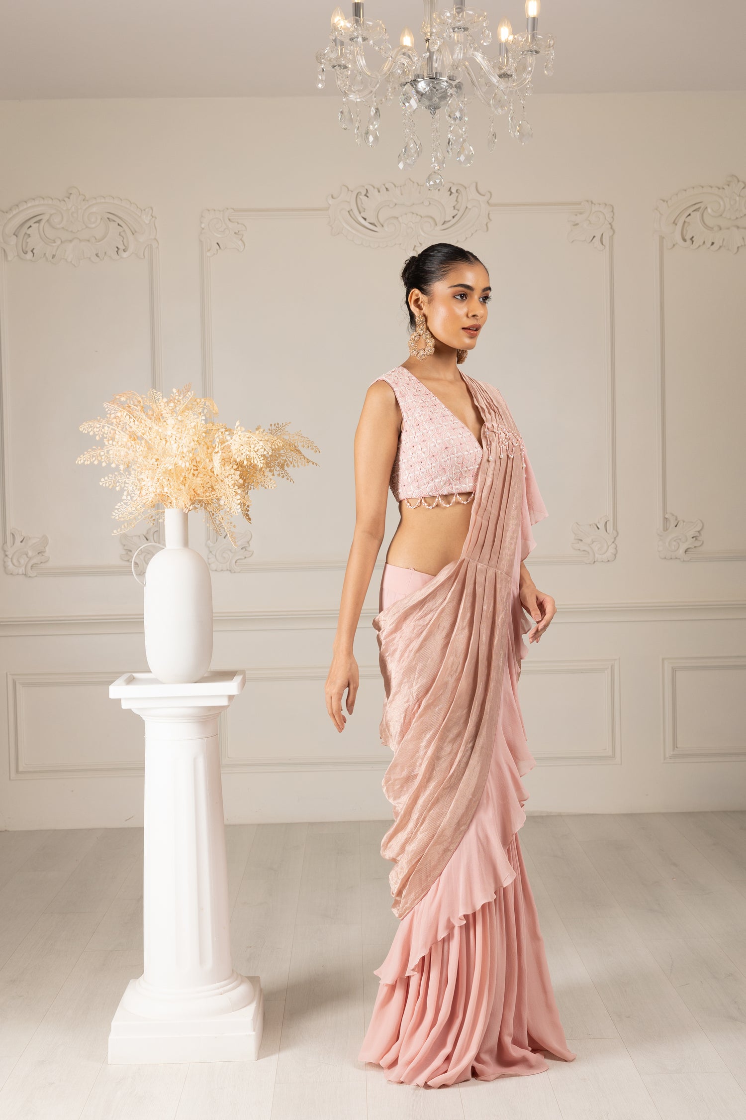 Peach Embroidered  Drape Saree Set