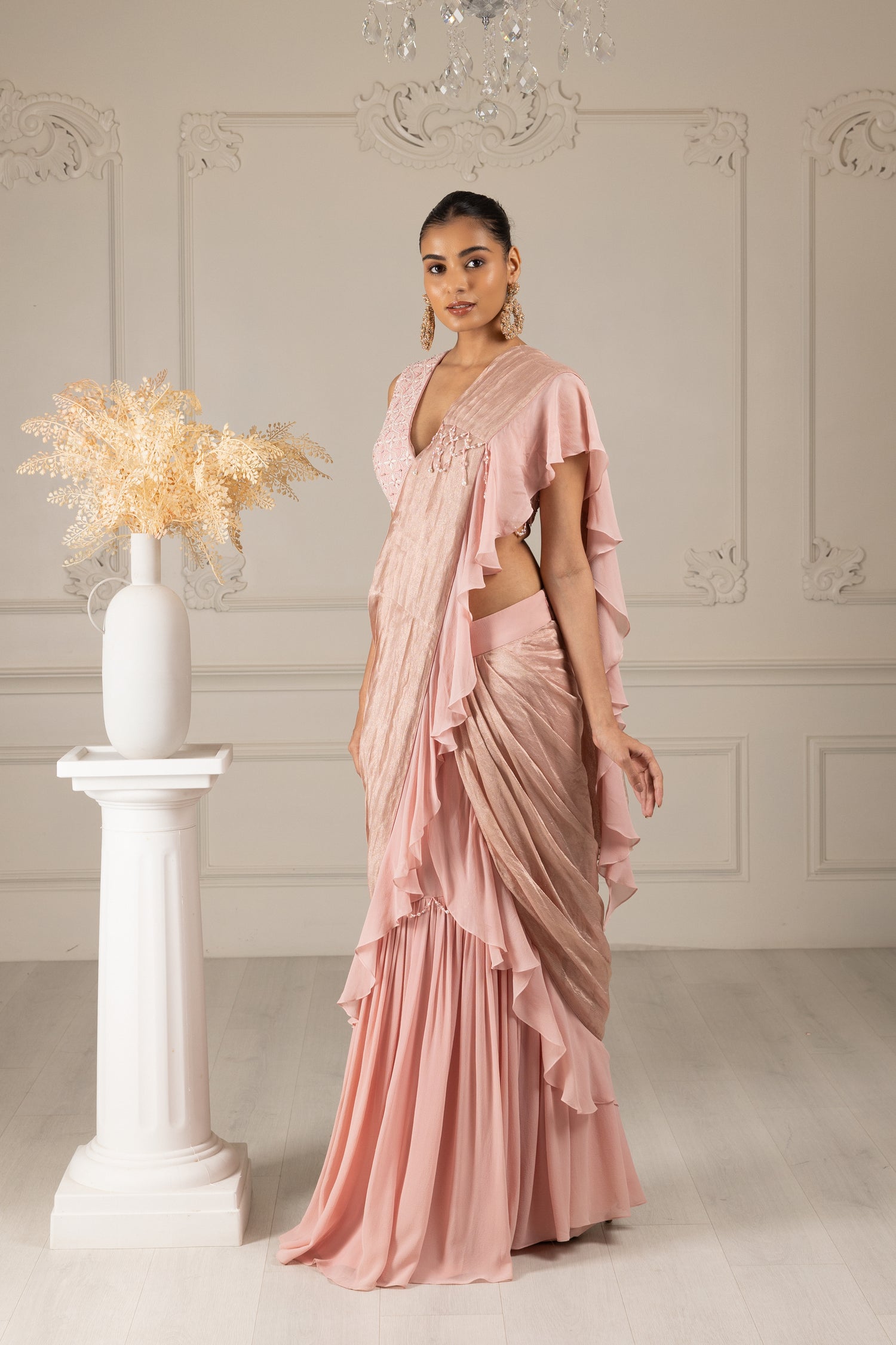 Peach Embroidered  Drape Saree Set