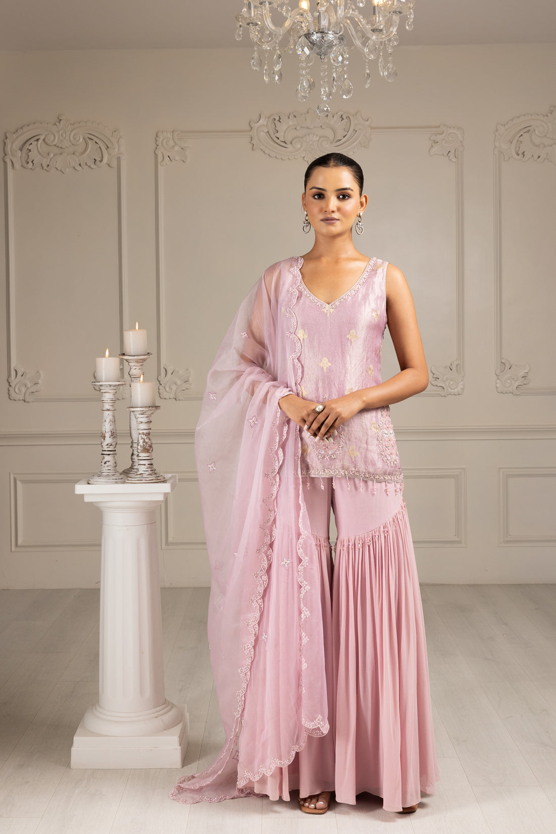 Lilac Embroidered Stylised Kurta Sharara Set