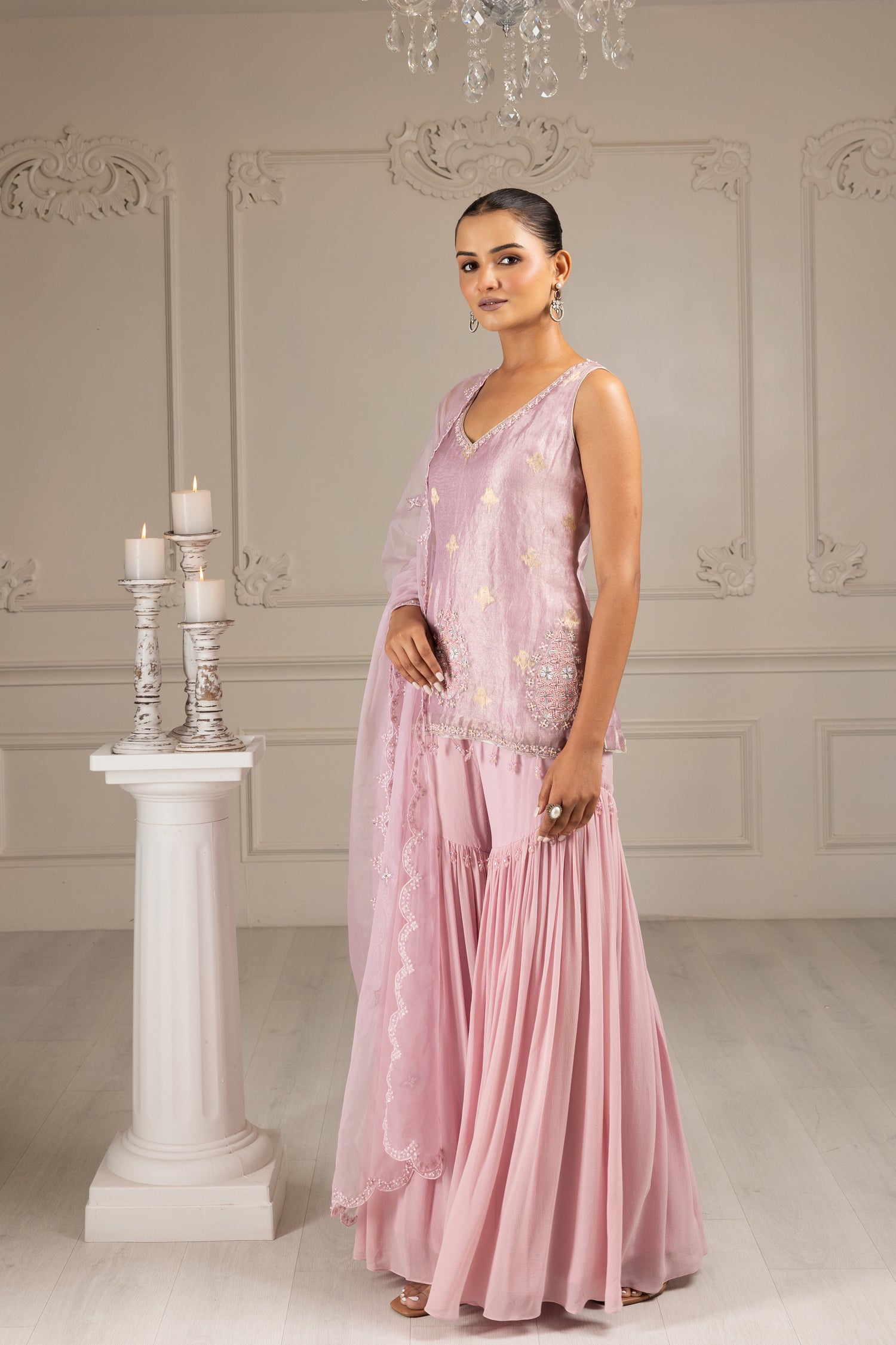 Lilac Embroidered Stylised Kurta Sharara Set