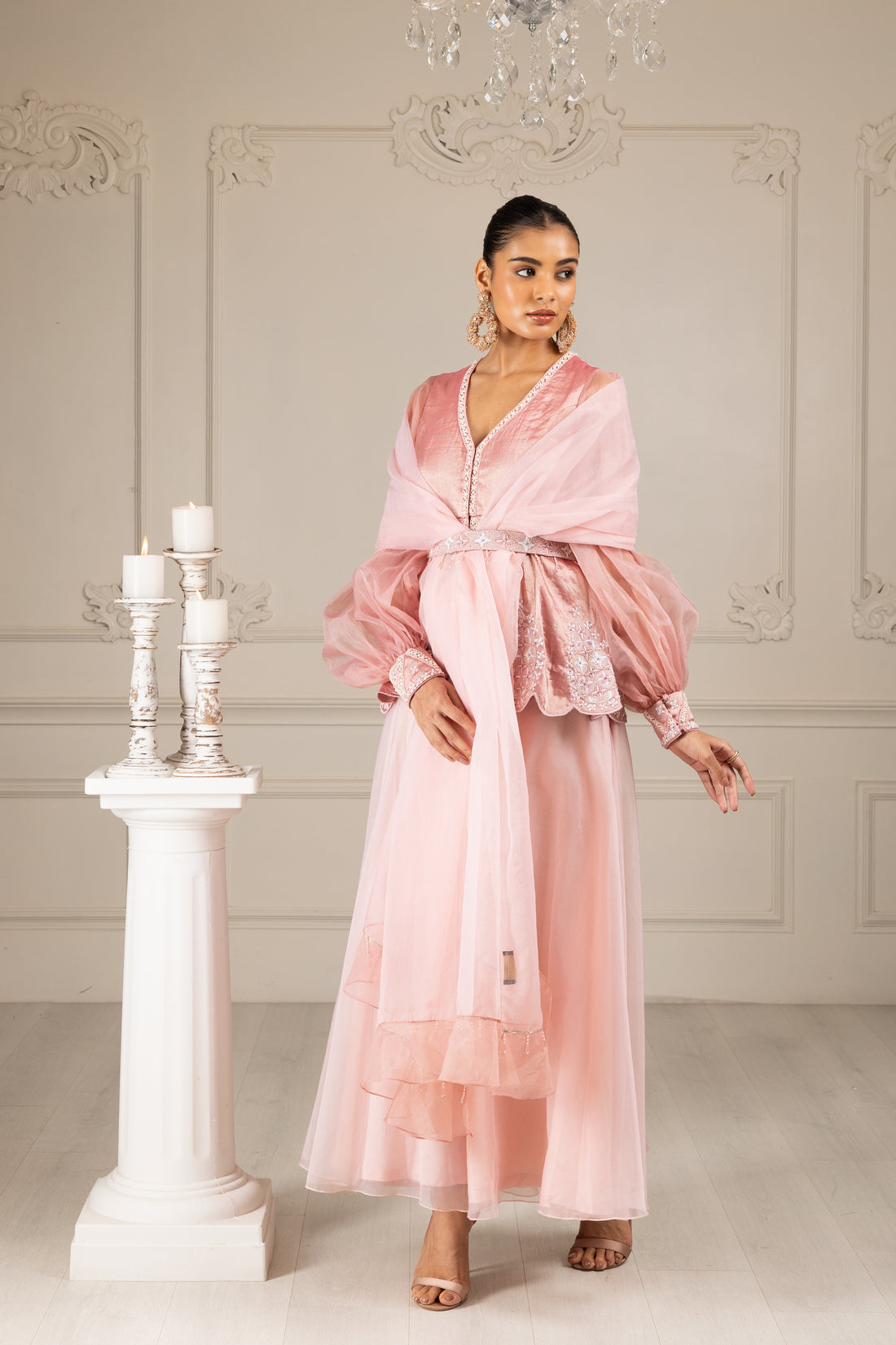 Peach Embroidered Stylised Kurta Sharara Set