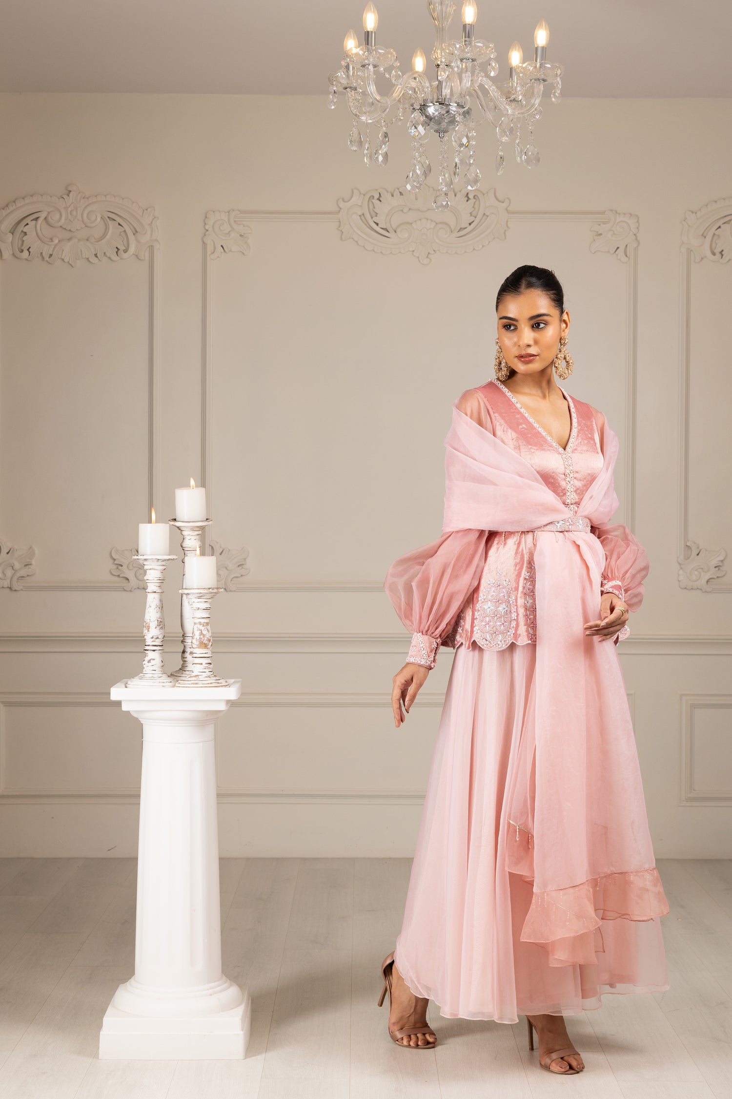 Peach Embroidered Stylised Kurta Sharara Set