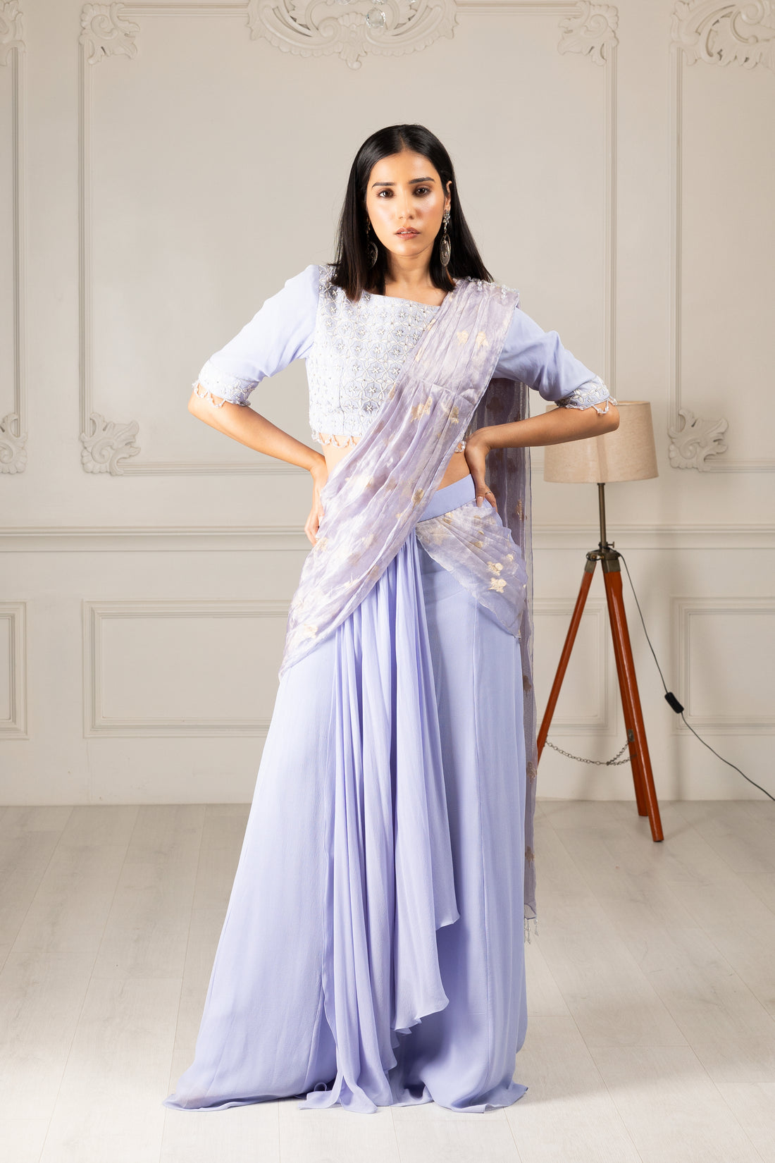 Sky Blue Embroidered Drape Saree Set