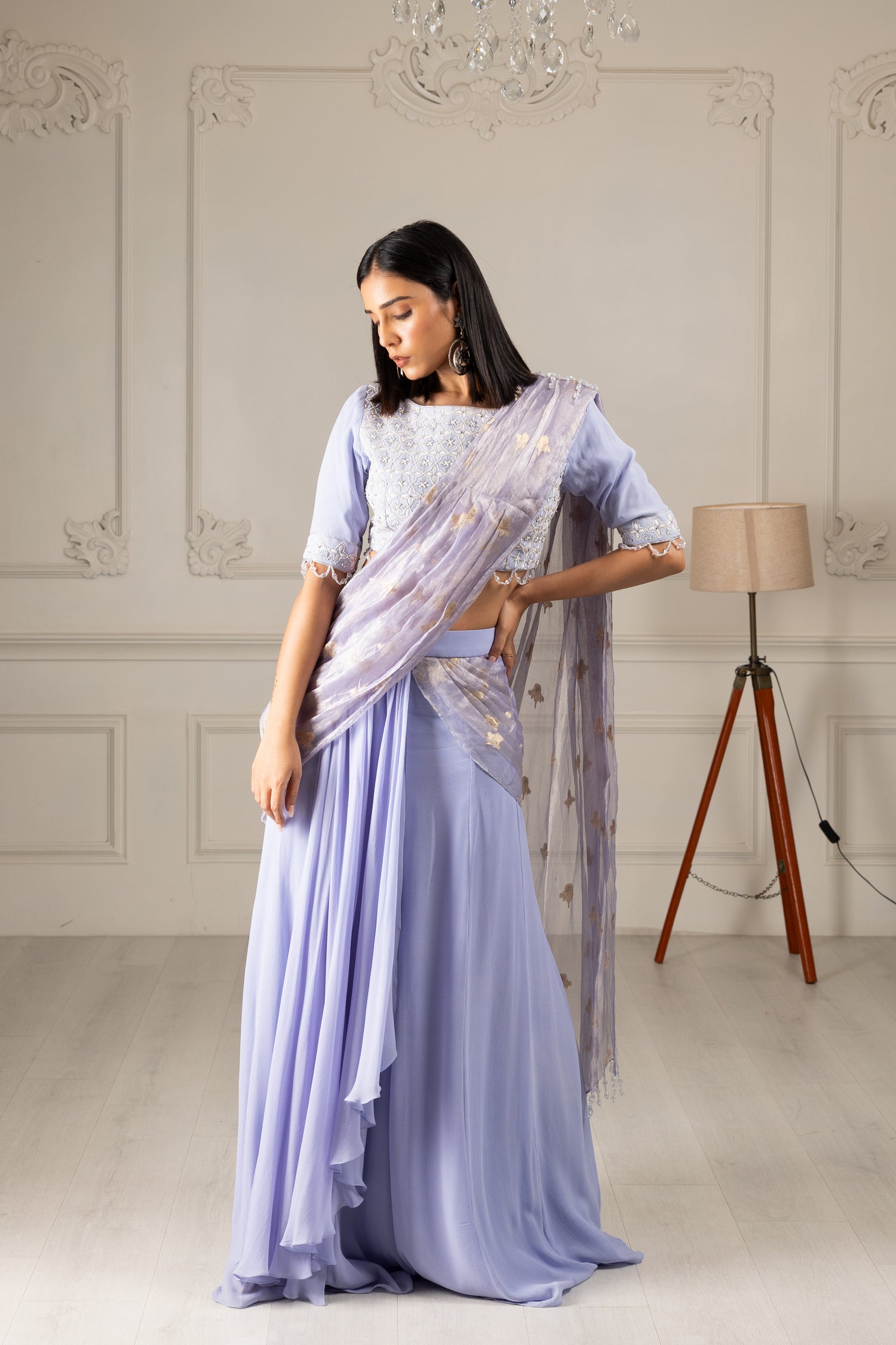 Sky Blue Embroidered Drape Saree Set