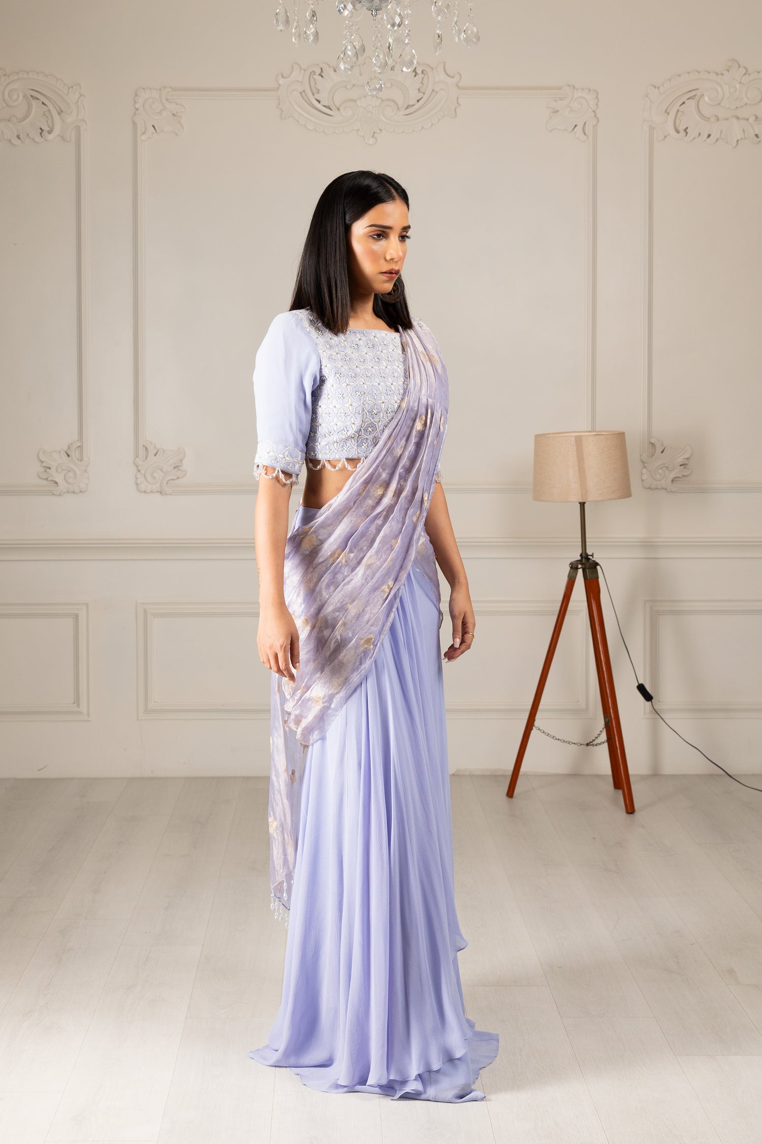 Sky Blue Embroidered Drape Saree Set