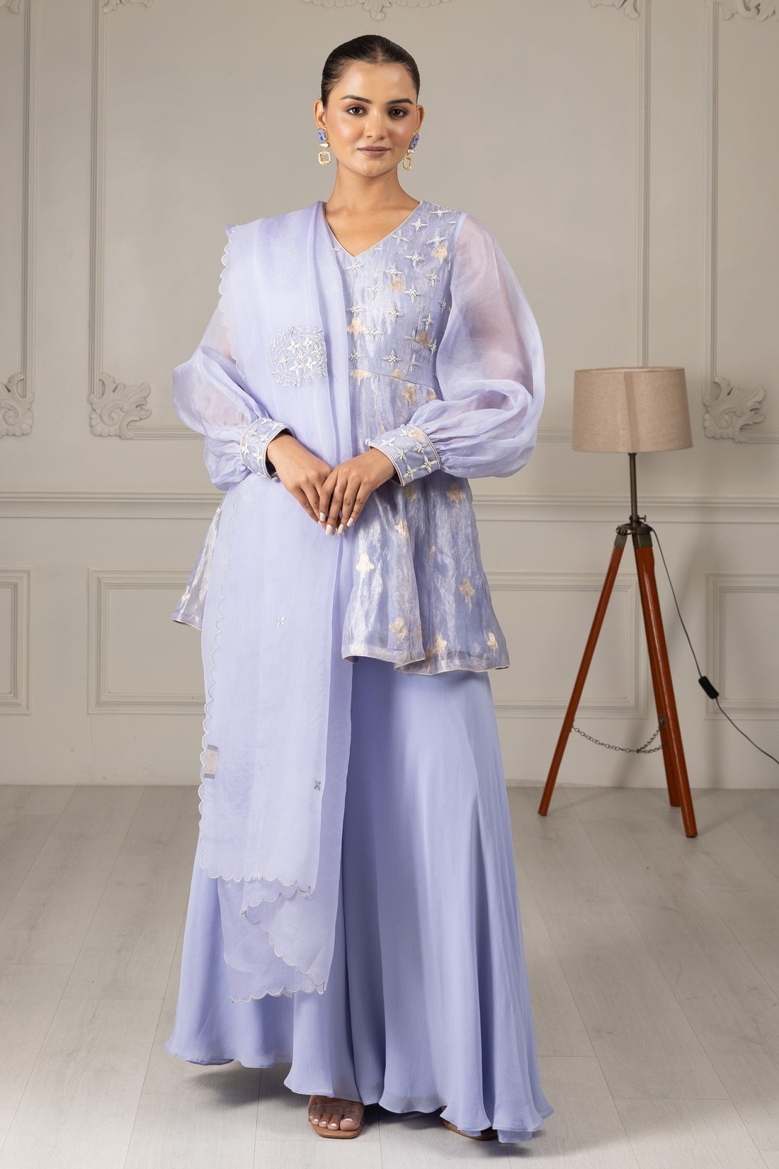 Sky Blue Embroidered Stylised Kurta Sharara Set