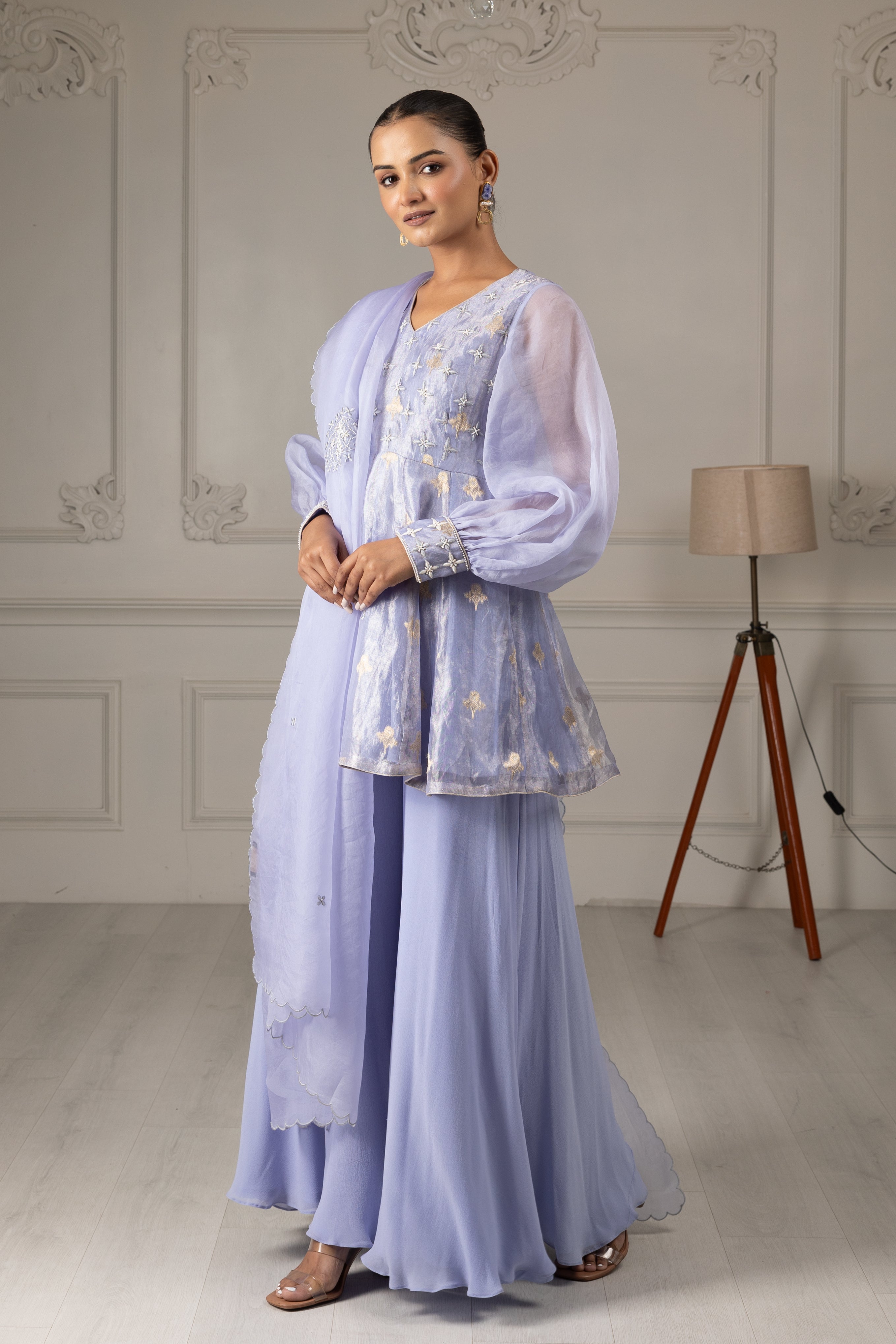 Sky Blue Embroidered Stylised Kurta Sharara Set