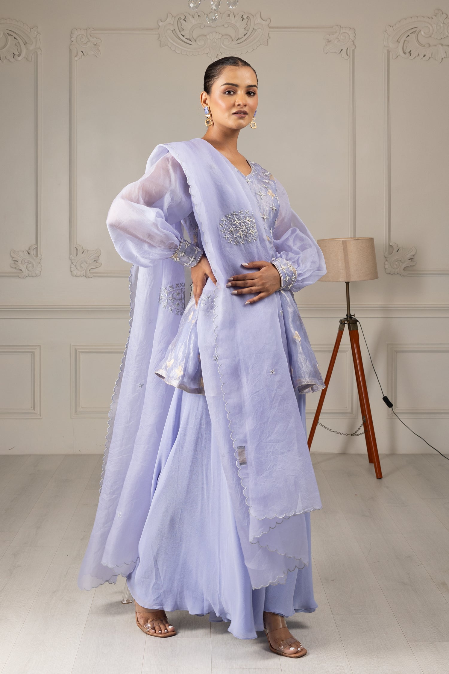 Sky Blue Embroidered Stylised Kurta Sharara Set