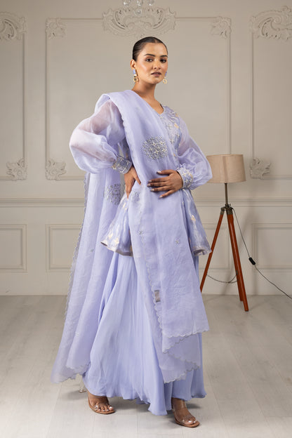 Sky Blue Embroidered Stylised Kurta Sharara Set