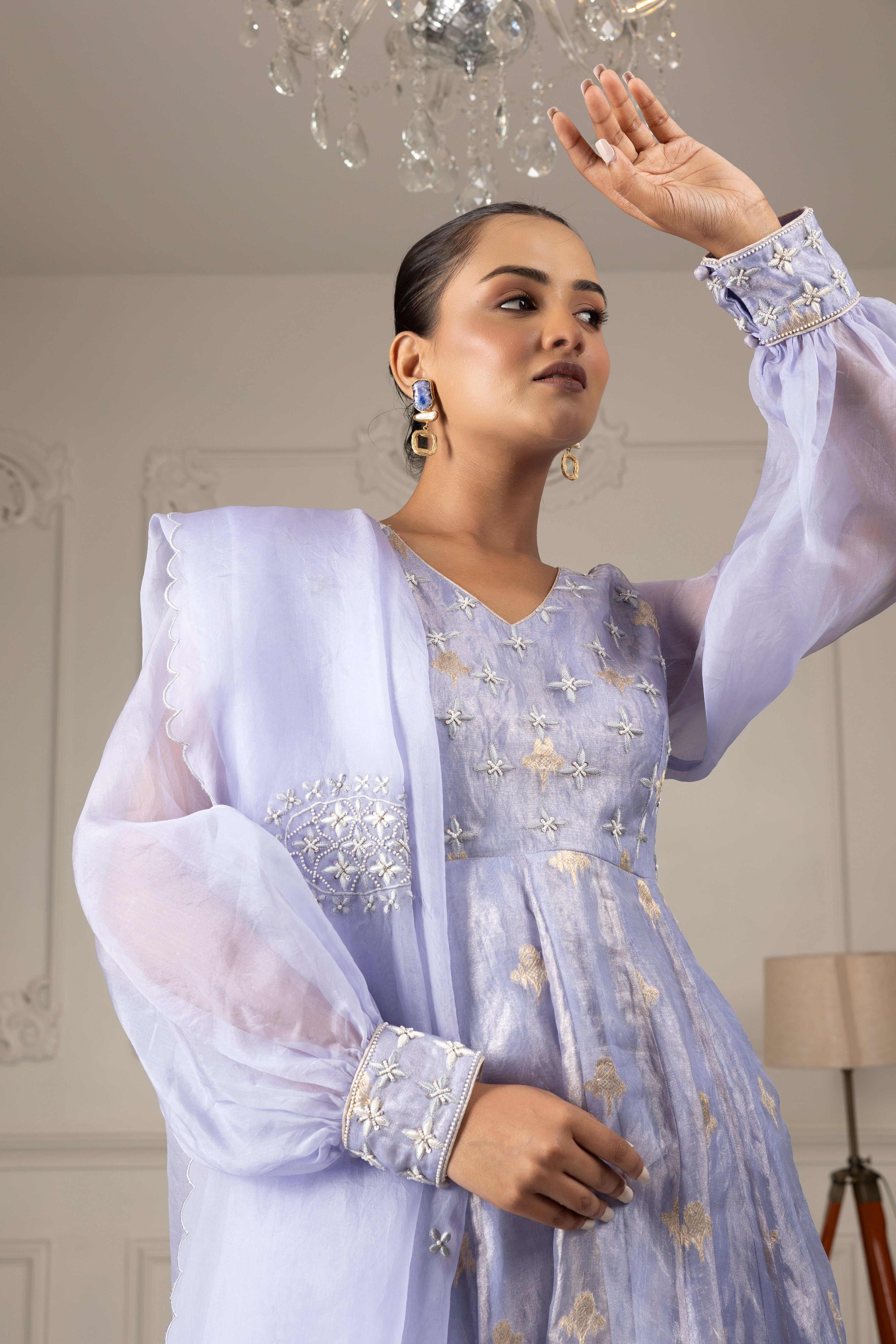 Sky Blue Embroidered Stylised Kurta Sharara Set