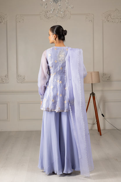 Sky Blue Embroidered Stylised Kurta Sharara Set