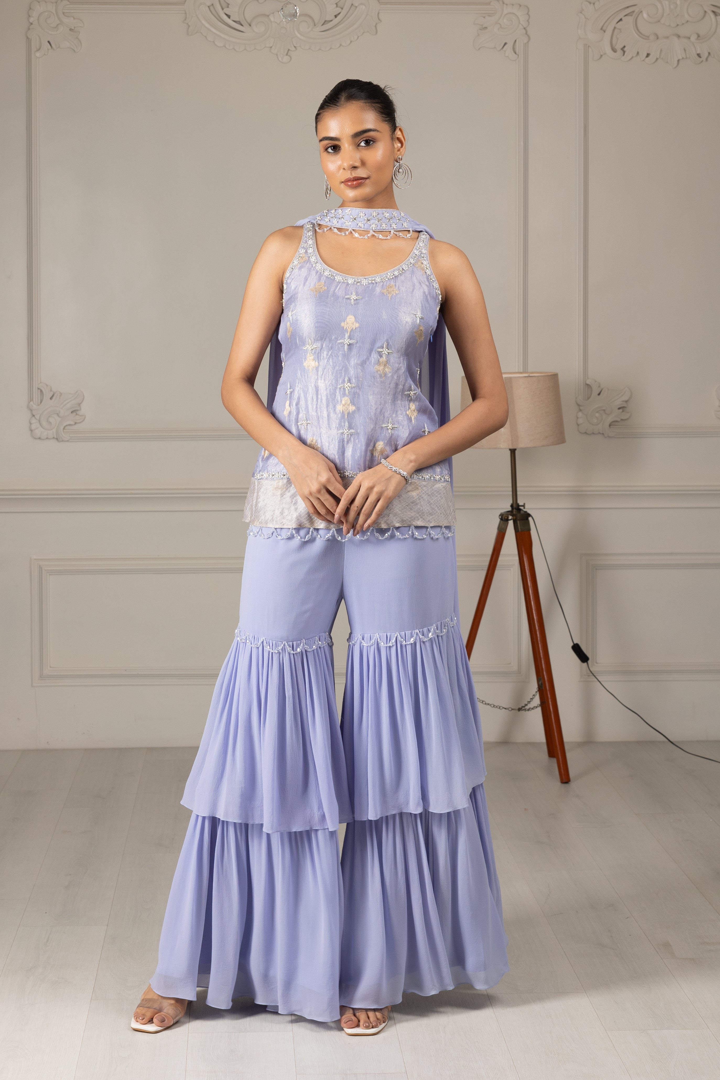 Sky blue Embroidered Stylised Kurta Sharara Set