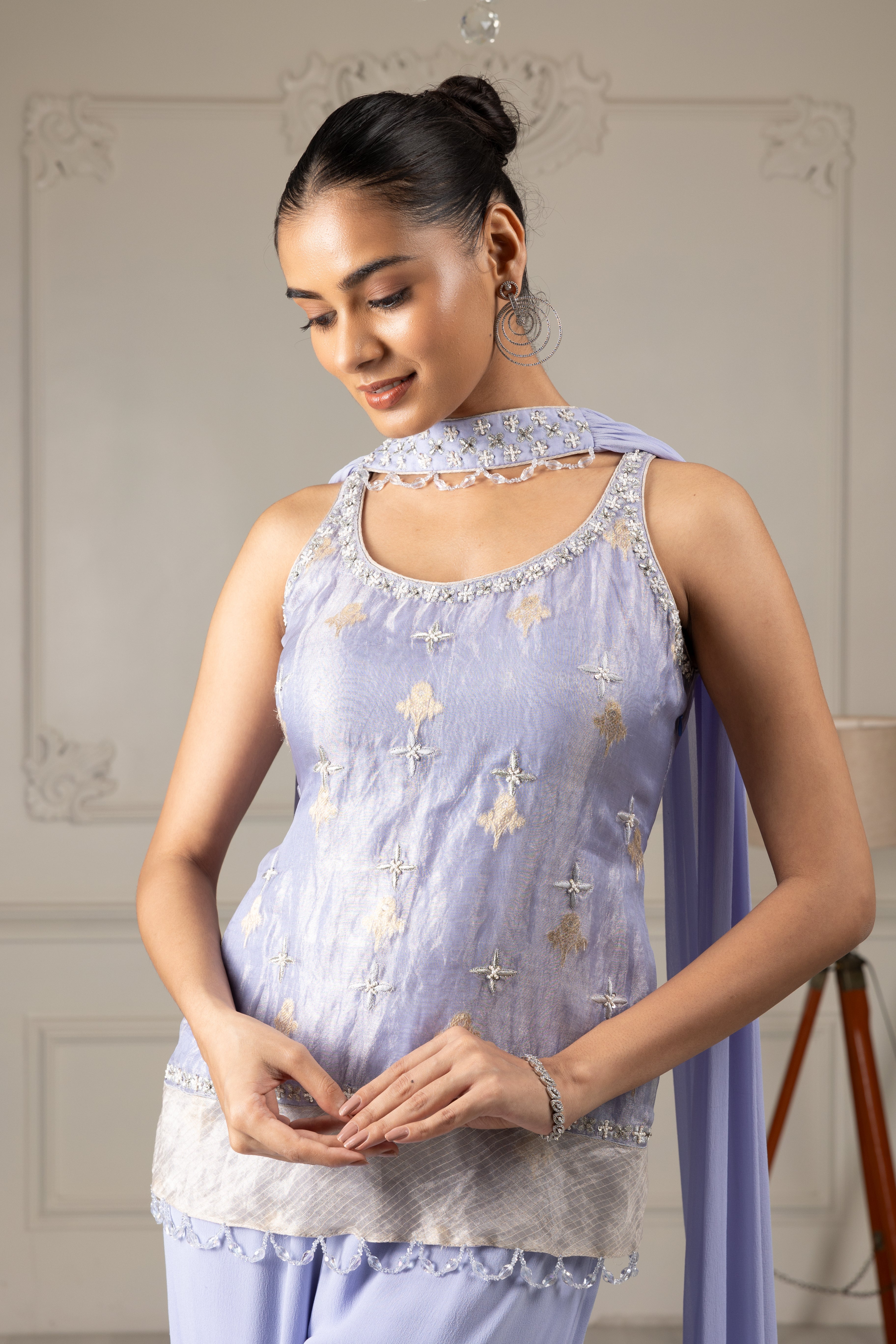 Sky blue Embroidered Stylised Kurta Sharara Set