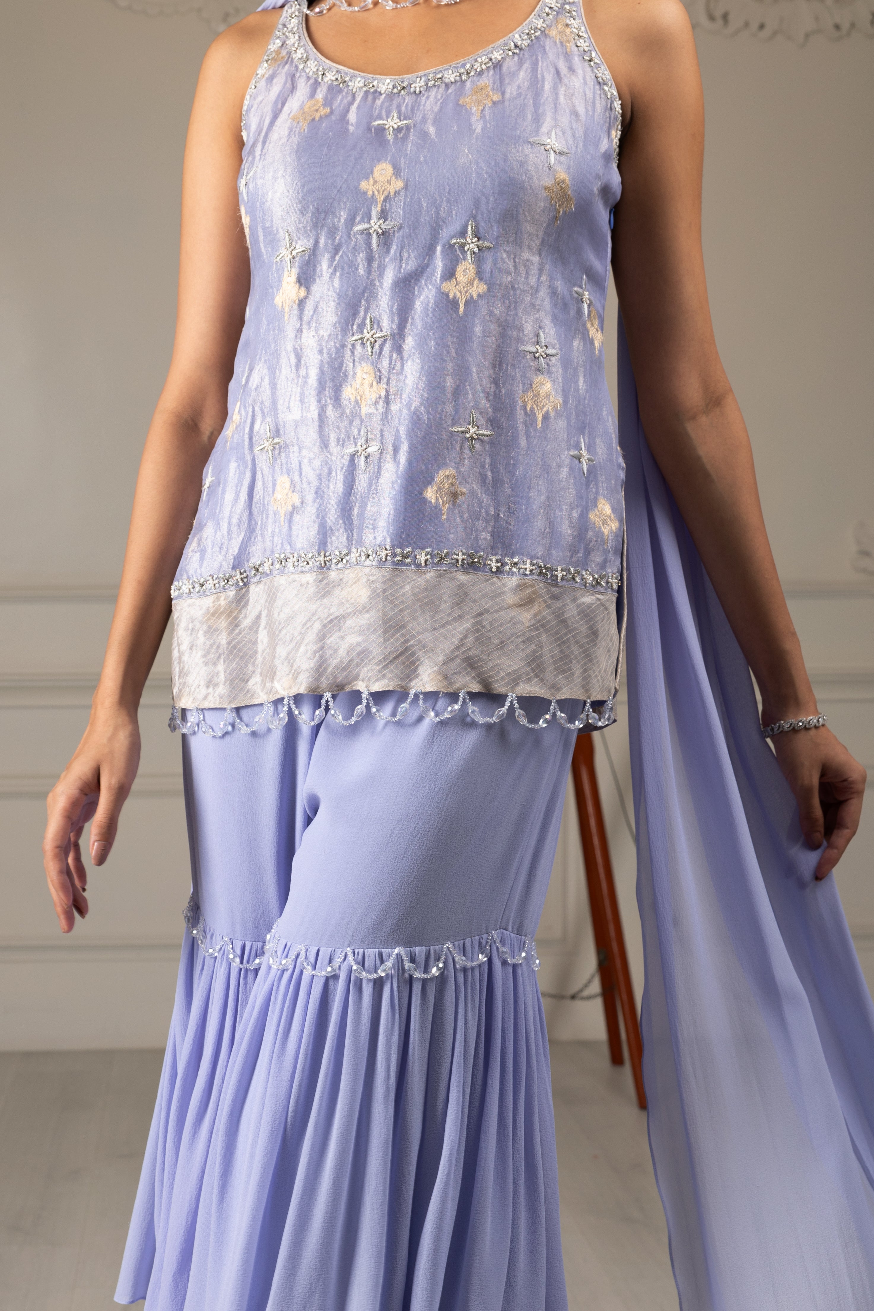 Sky blue Embroidered Stylised Kurta Sharara Set