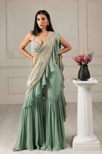 Tea Green Embroidered Drape Sharara Saree Set