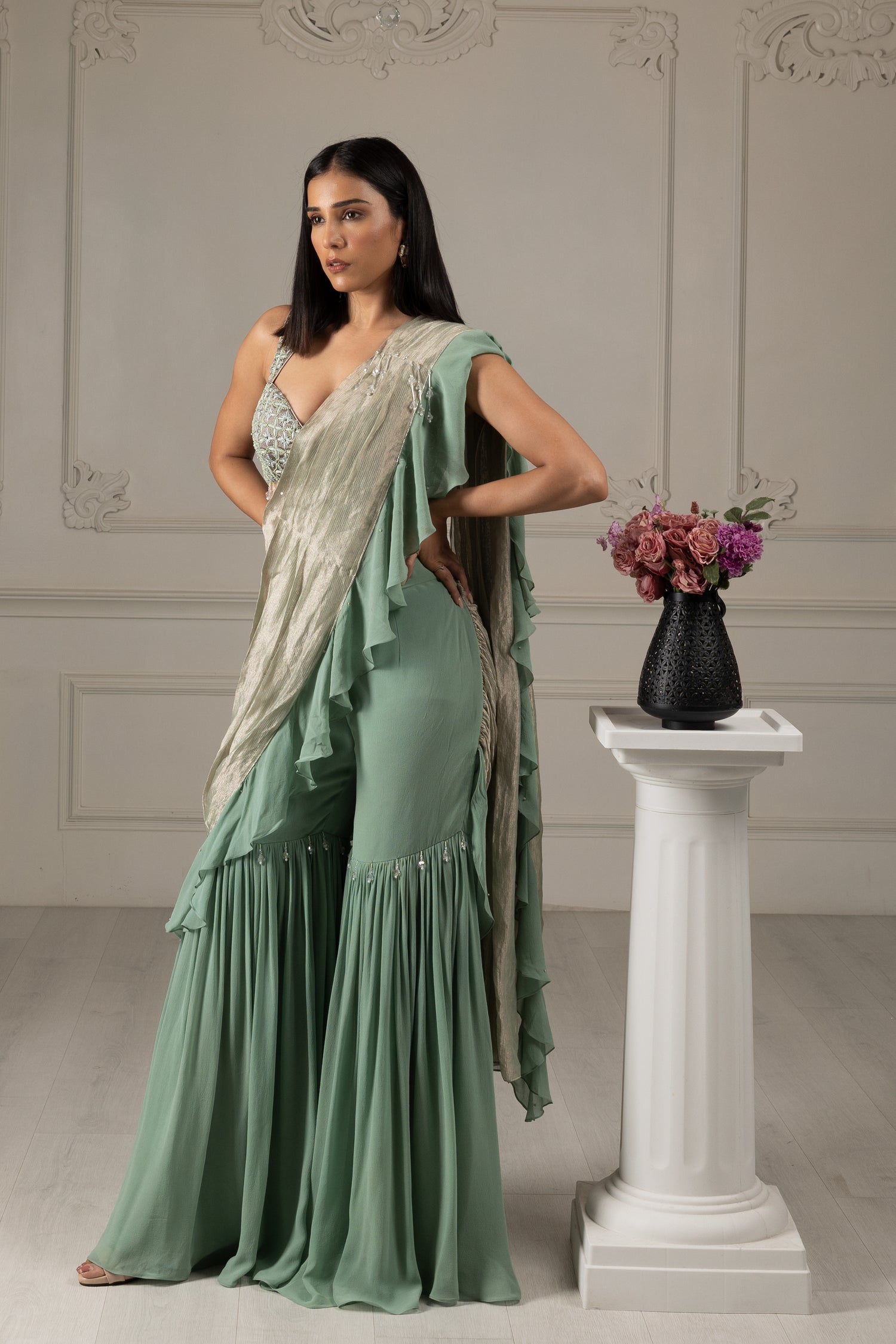 Tea Green Embroidered Drape Sharara Saree Set