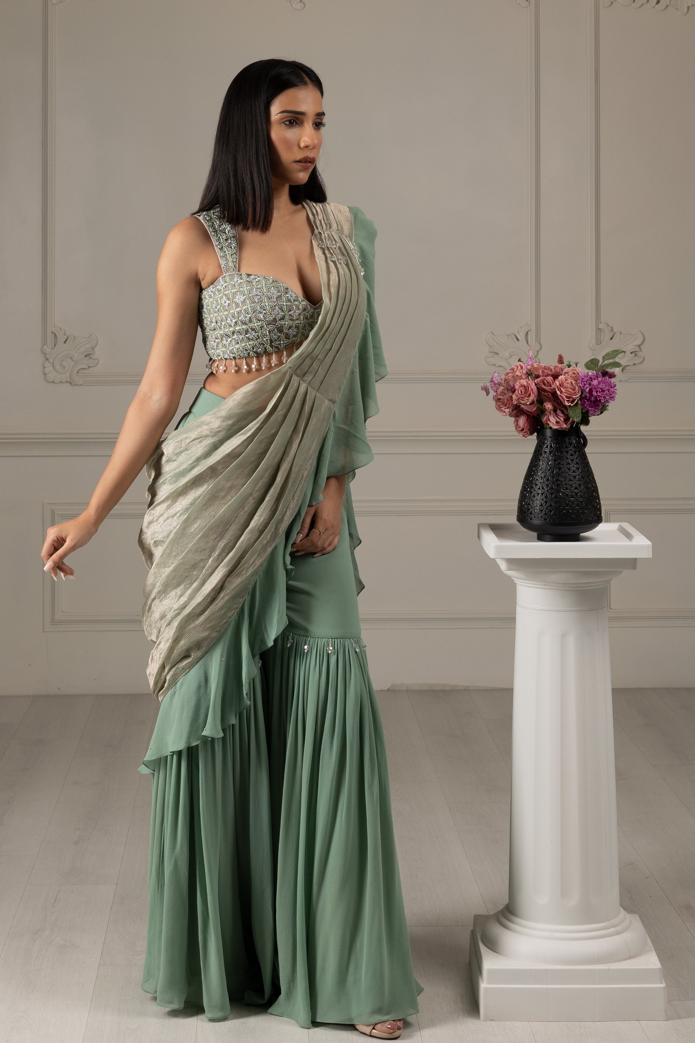 Tea Green Embroidered Drape Sharara Saree Set