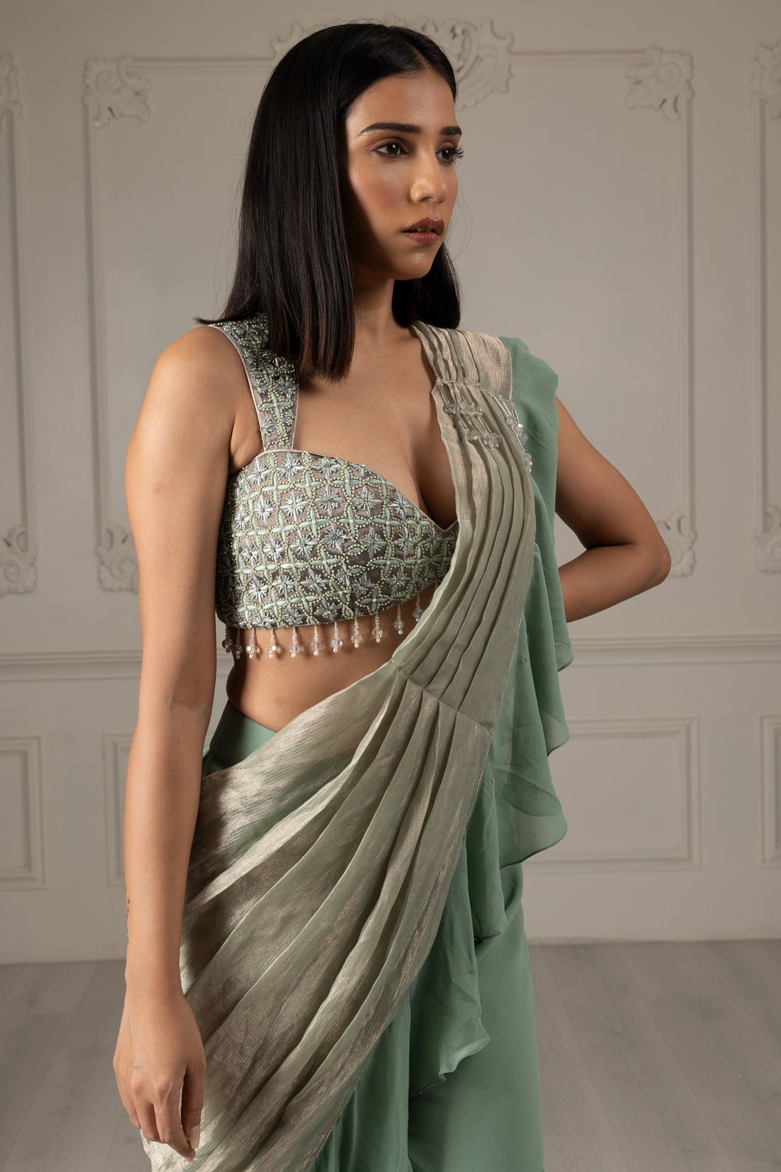 Tea Green Embroidered Drape Sharara Saree Set