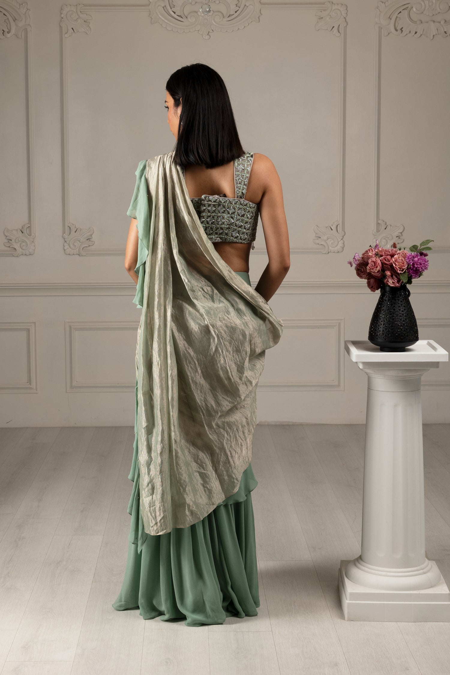 Tea Green Embroidered Drape Sharara Saree Set