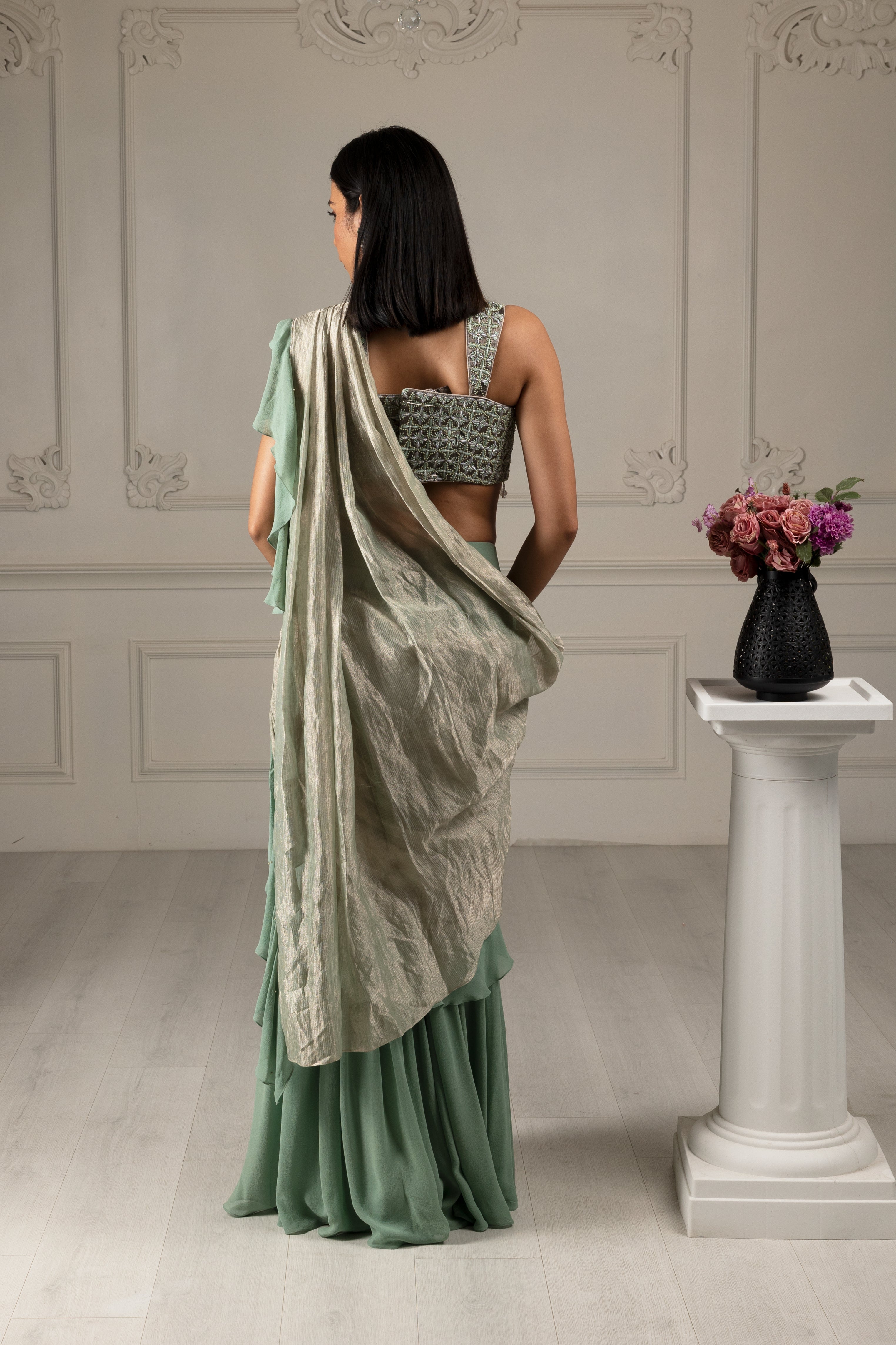 Tea Green Embroidered Drape Sharara Saree Set