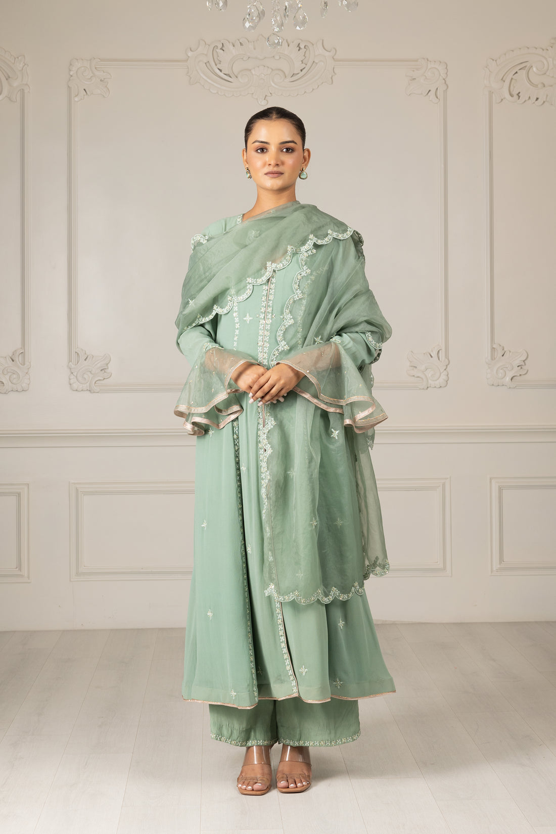 Pistachio Green Embroidered Stylised Kalidar Set