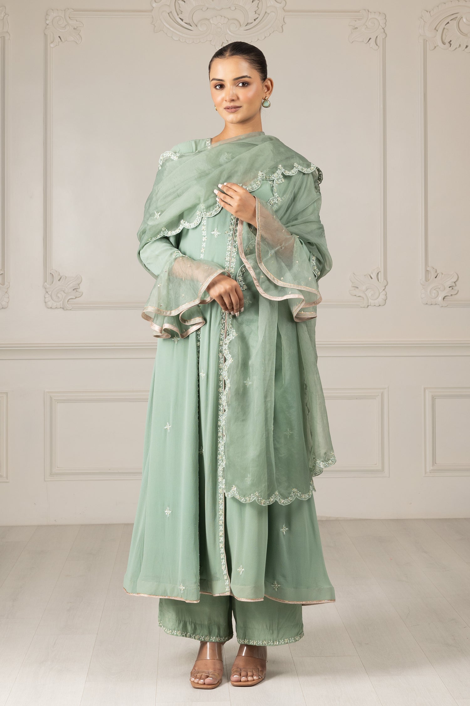 Pistachio Green Embroidered Stylised Kalidar Set