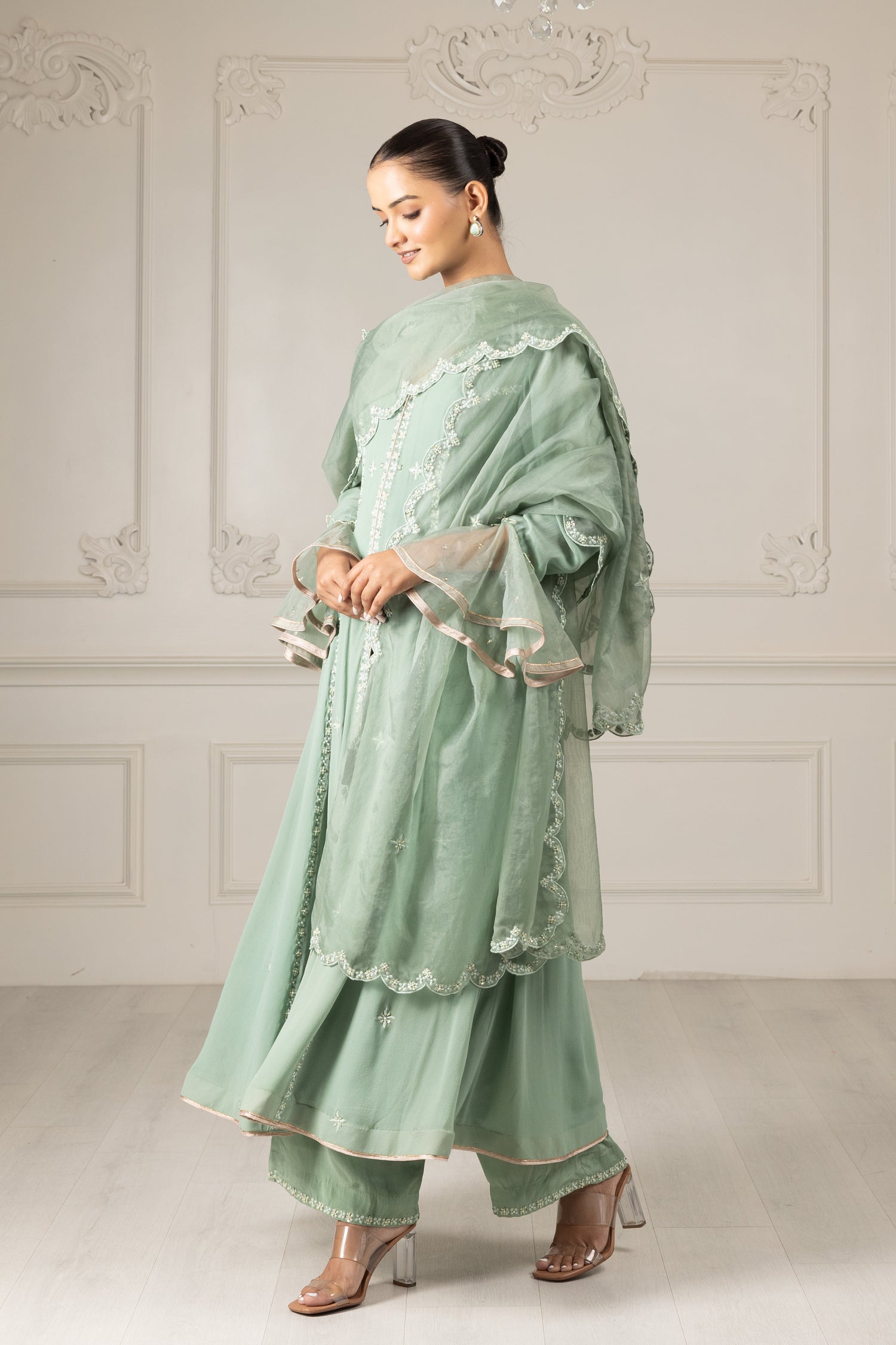 Pistachio Green Embroidered Stylised Kalidar Set