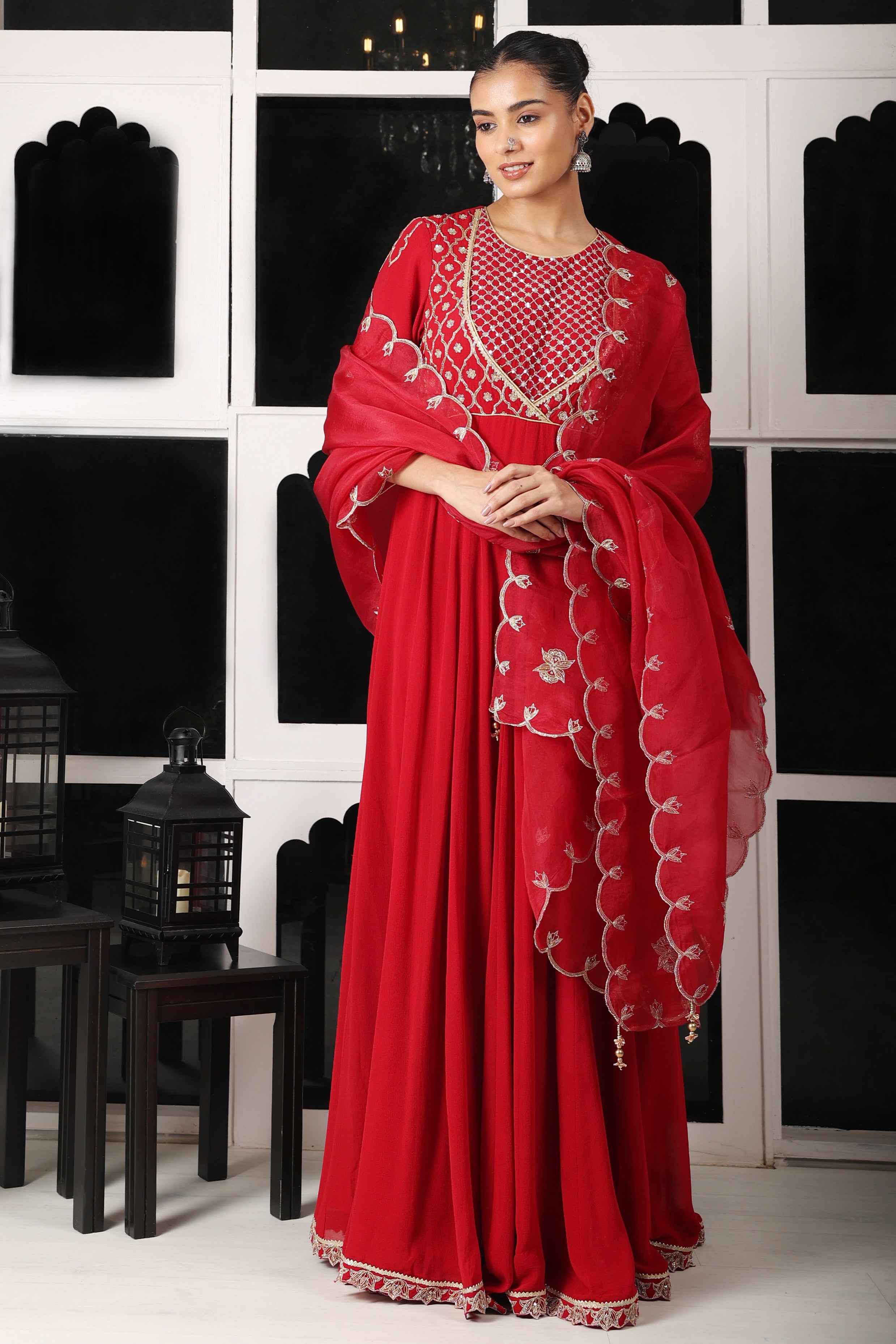 Red Embroidered Stylised Anarkali Set