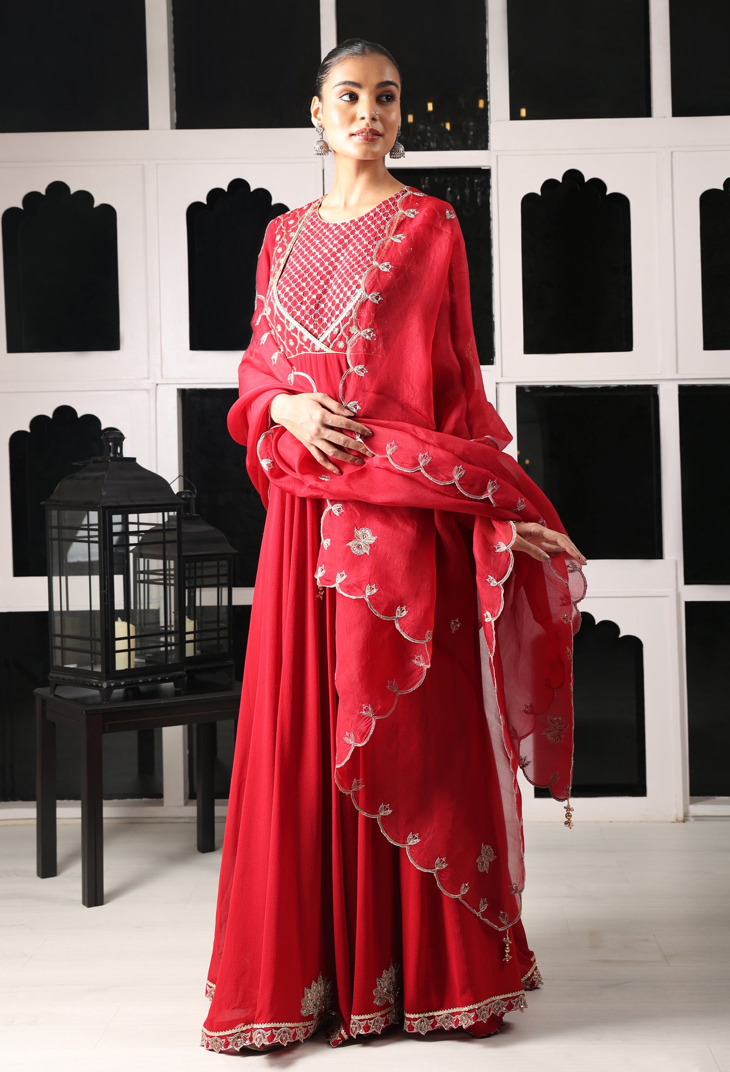 Red Embroidered Stylised Anarkali Set