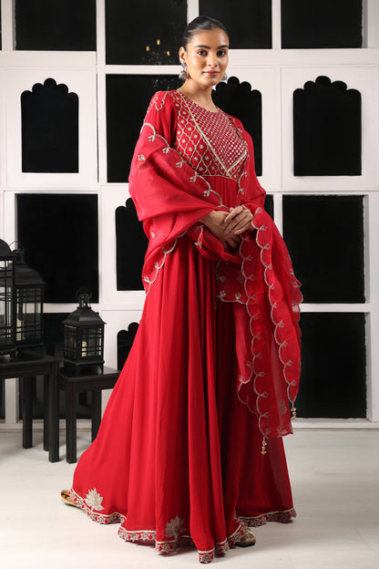 Red Embroidered Stylised Anarkali Set