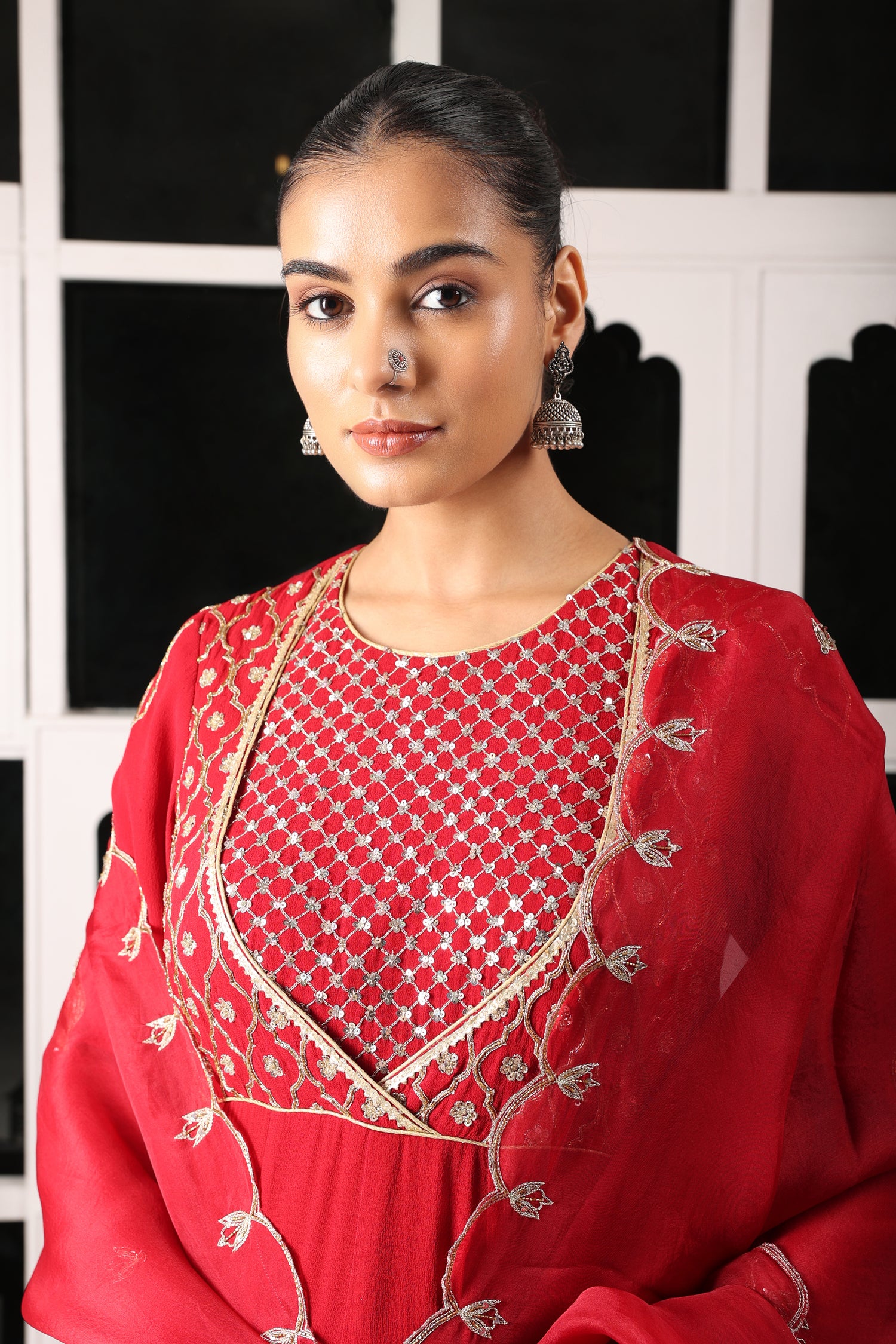 Red Embroidered Stylised Anarkali Set