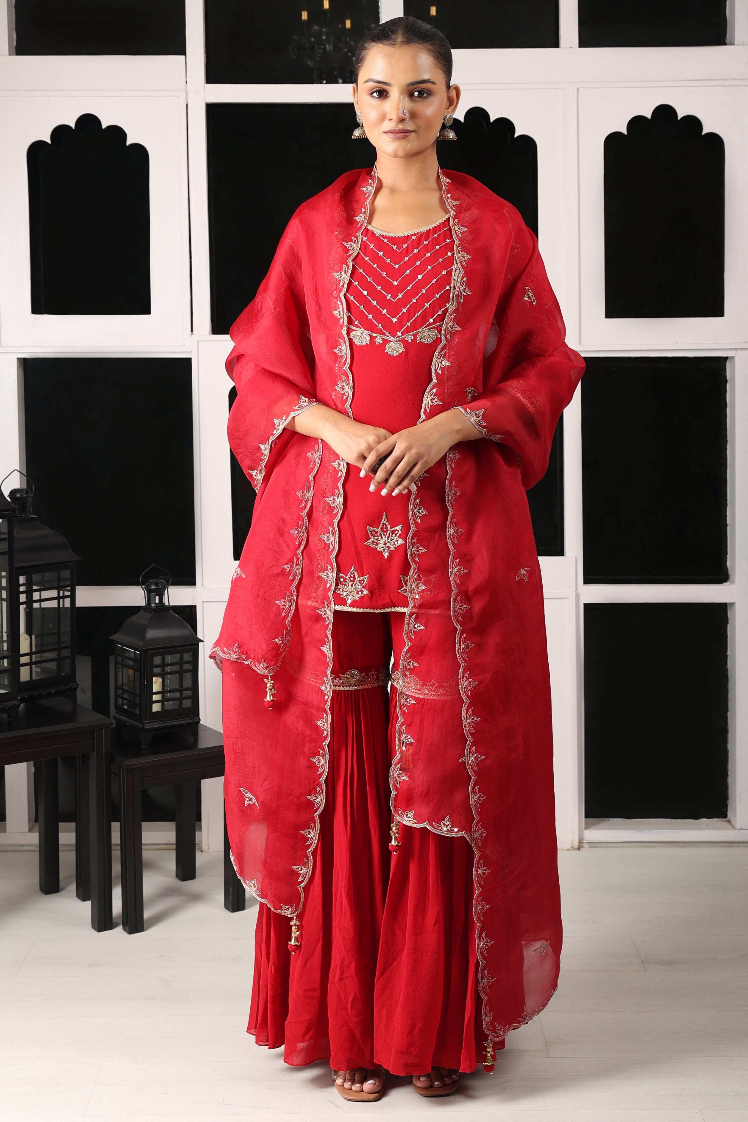 Red Embroidered Kurta Sharara Set