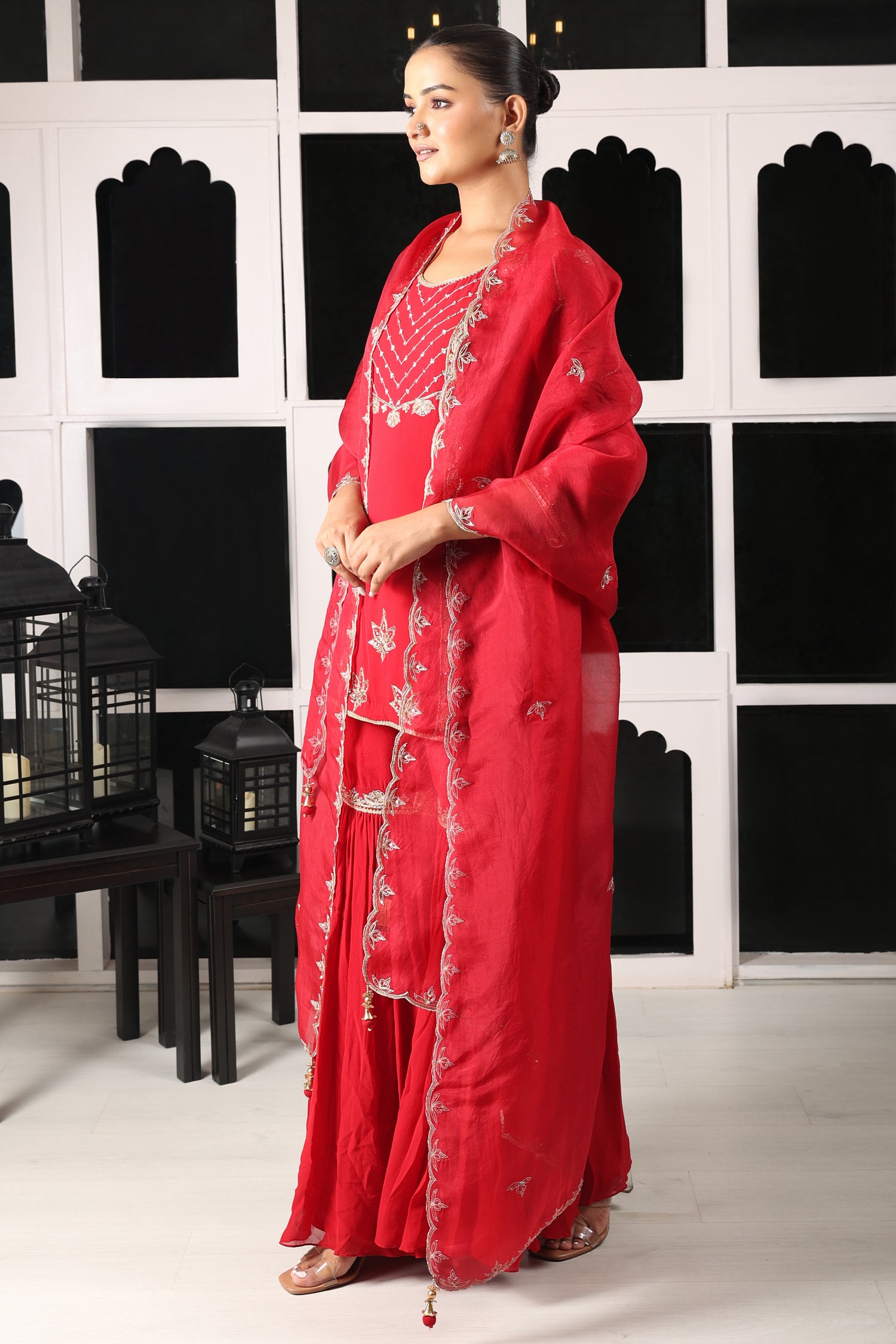 Red Embroidered Kurta Sharara Set