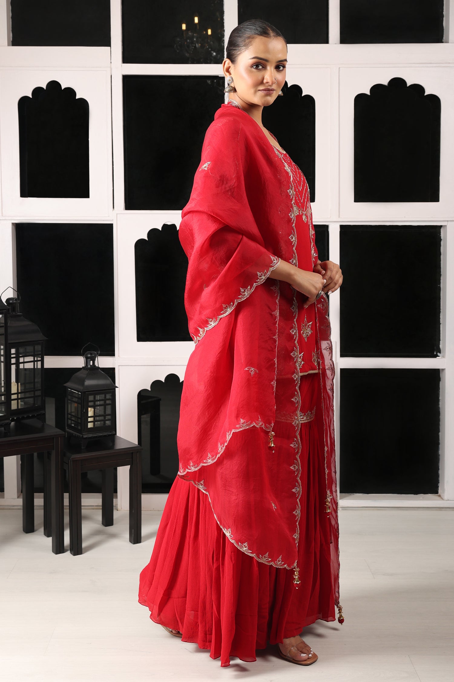 Red Embroidered Kurta Sharara Set