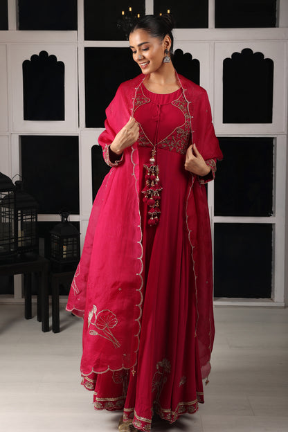 Pink Embroidered Stylised Anarkali Set