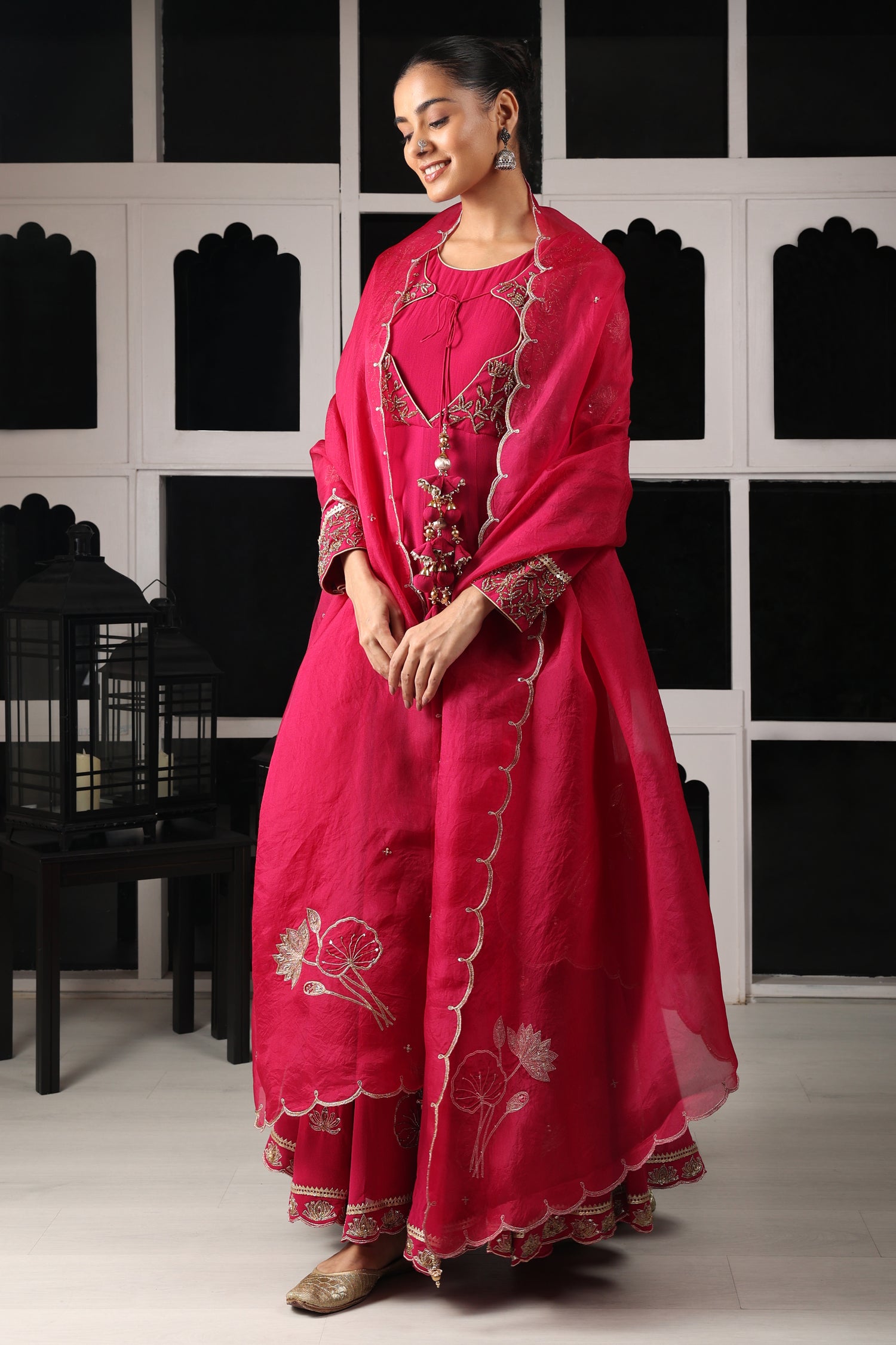 Pink Embroidered Stylised Anarkali Set