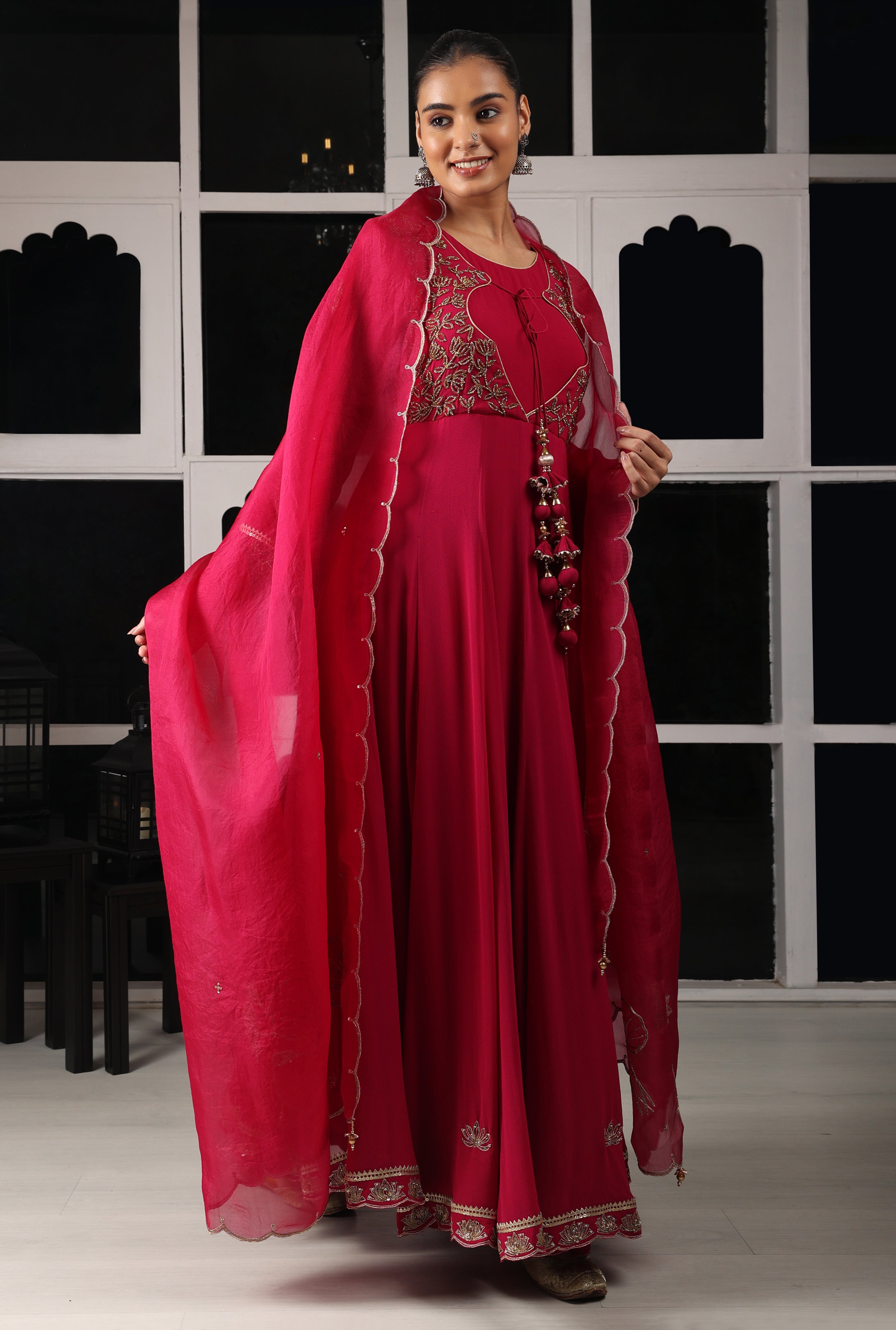 Pink Embroidered Stylised Anarkali Set