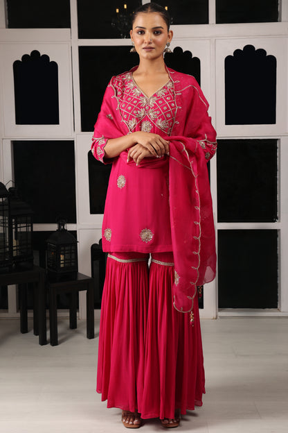 Pink Embroidered Kurta Sharara Set