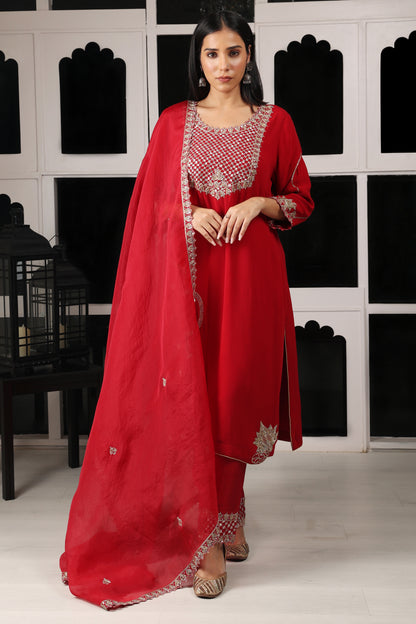 Red Embroidered Kurta Set