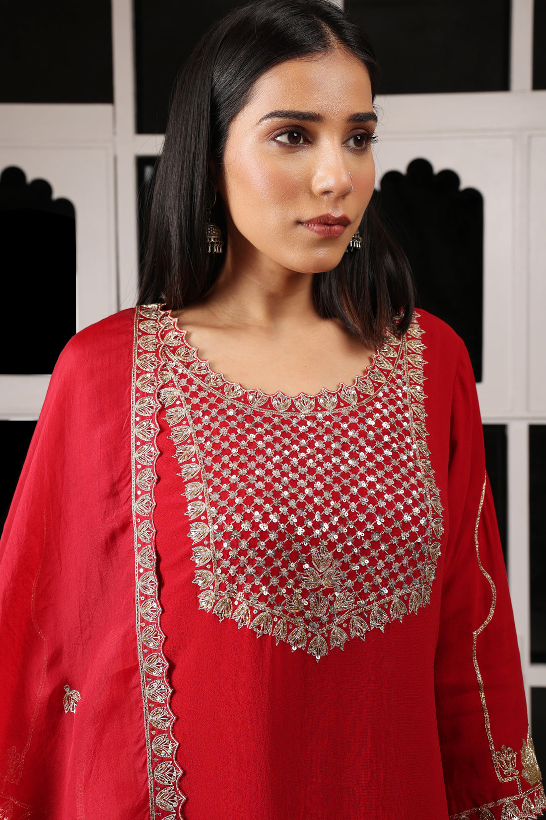 Red Embroidered Kurta Set